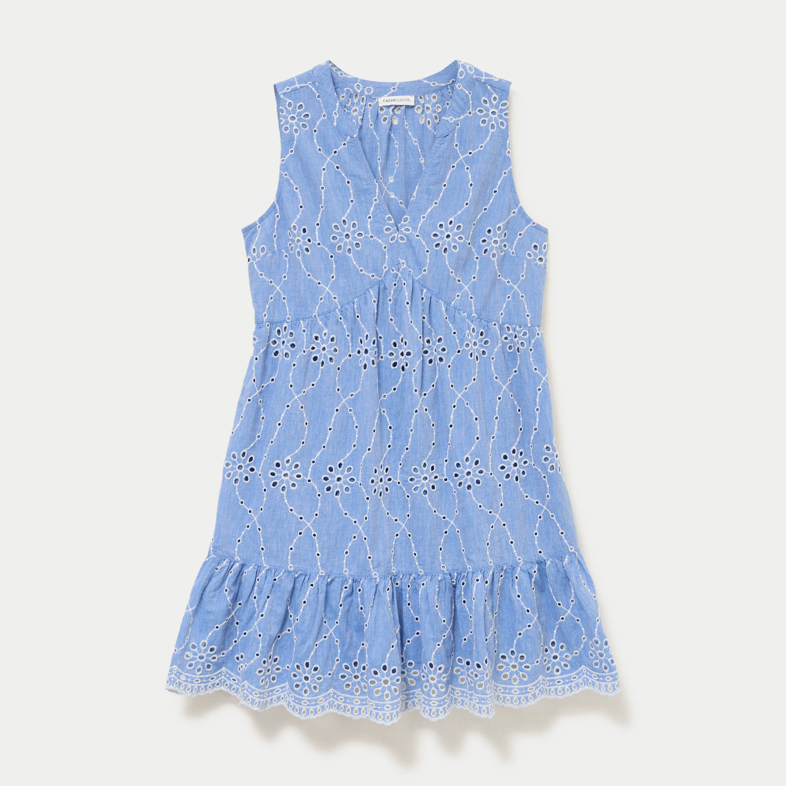 Robe courte &eacute;vas&eacute;e col v sans manches bleu gris femme