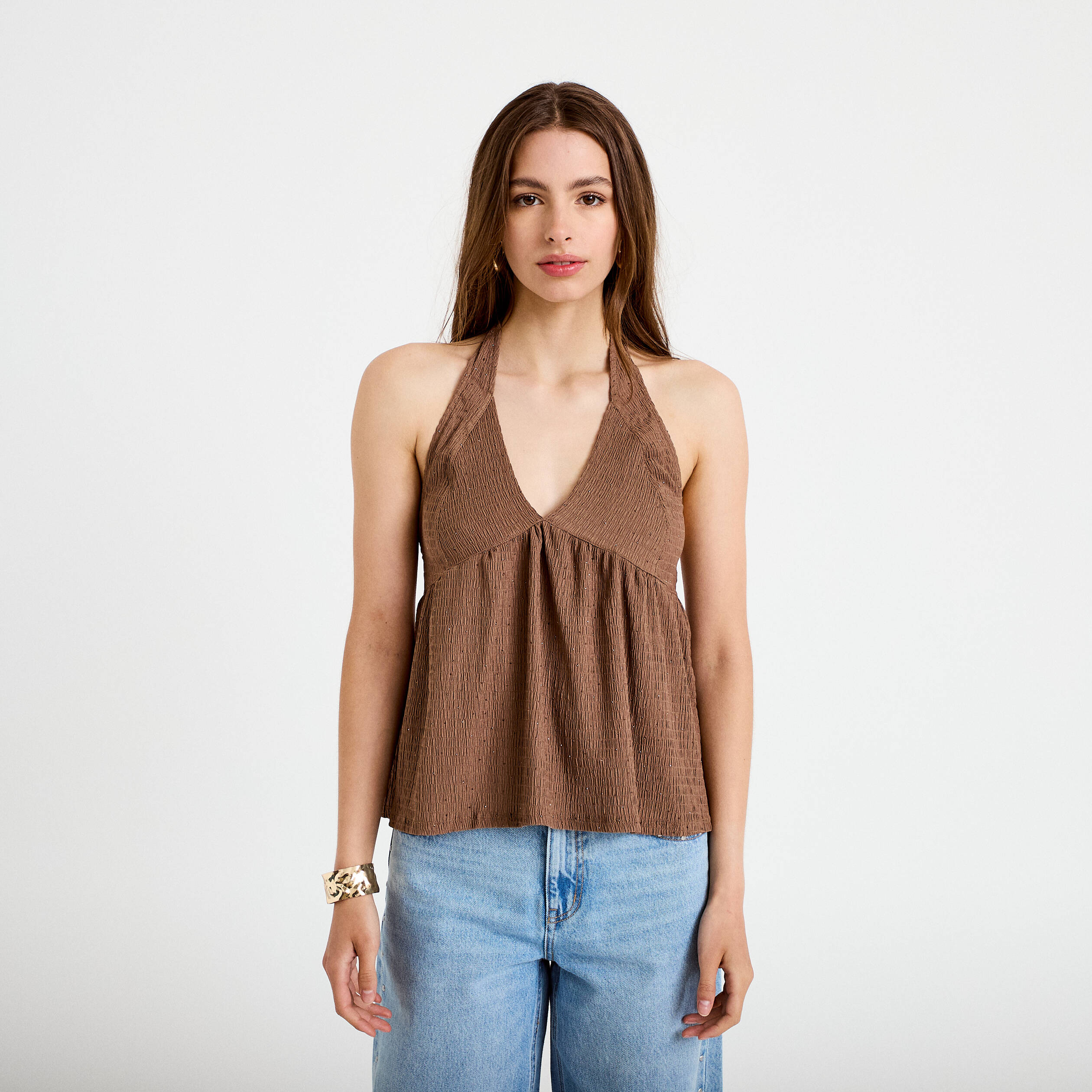 Top d&eacute;collet&eacute; sans manches pliss&eacute; marron fonc&eacute; femme