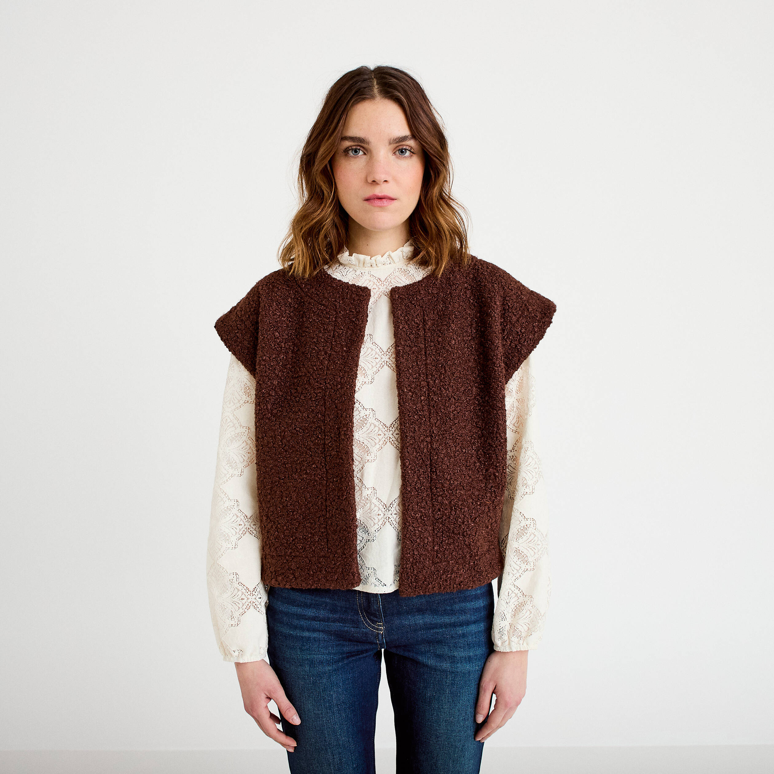 Gilet sans manches effet polaire marron fonc&eacute; femme