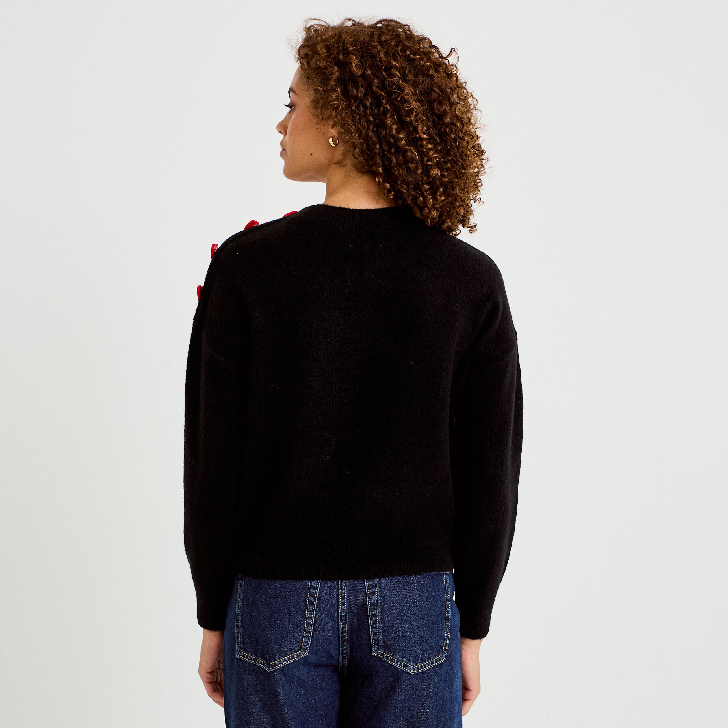 Pull ample col rond manches longues noir femme