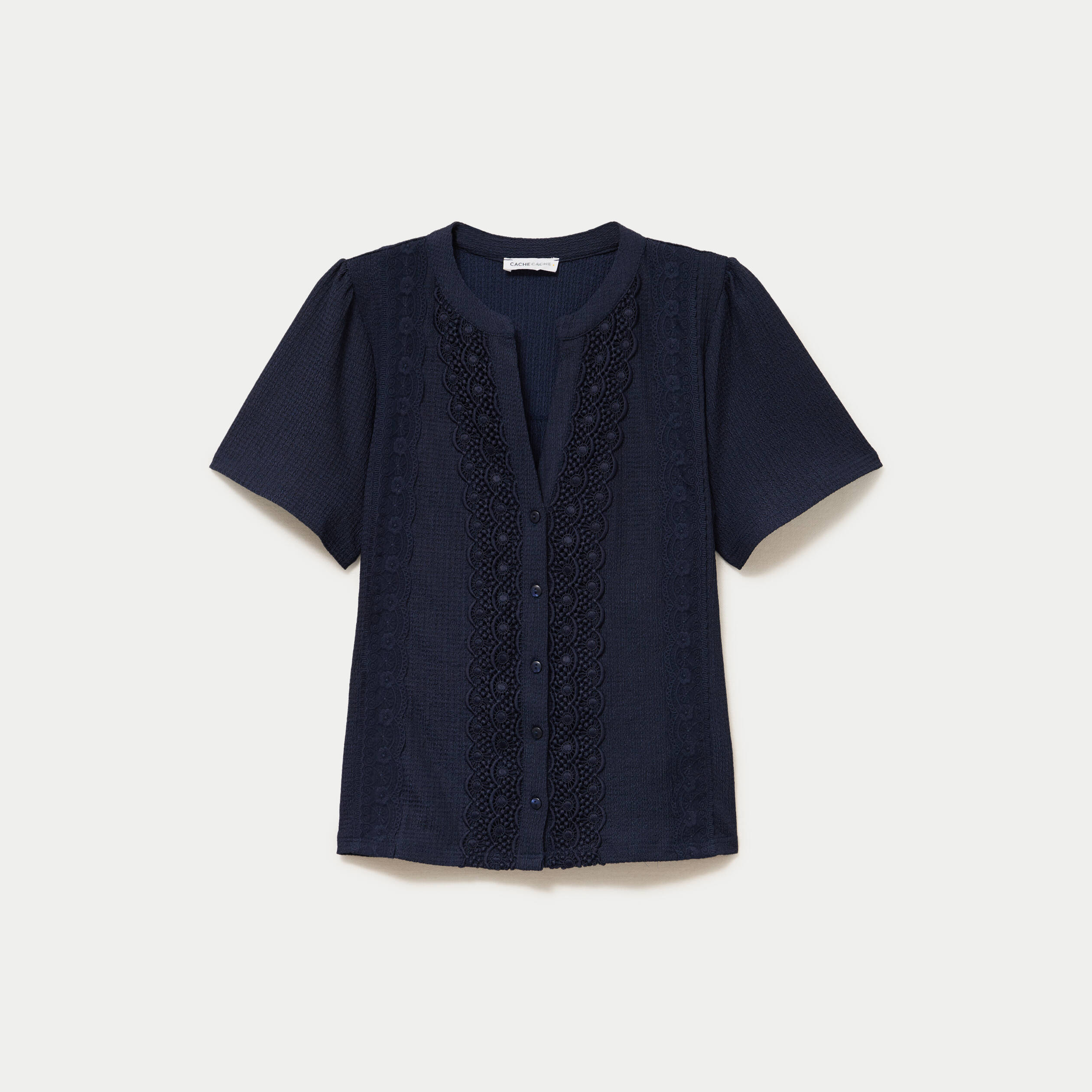 Blouse plastron brod&eacute; manches courtes bleu marine femme