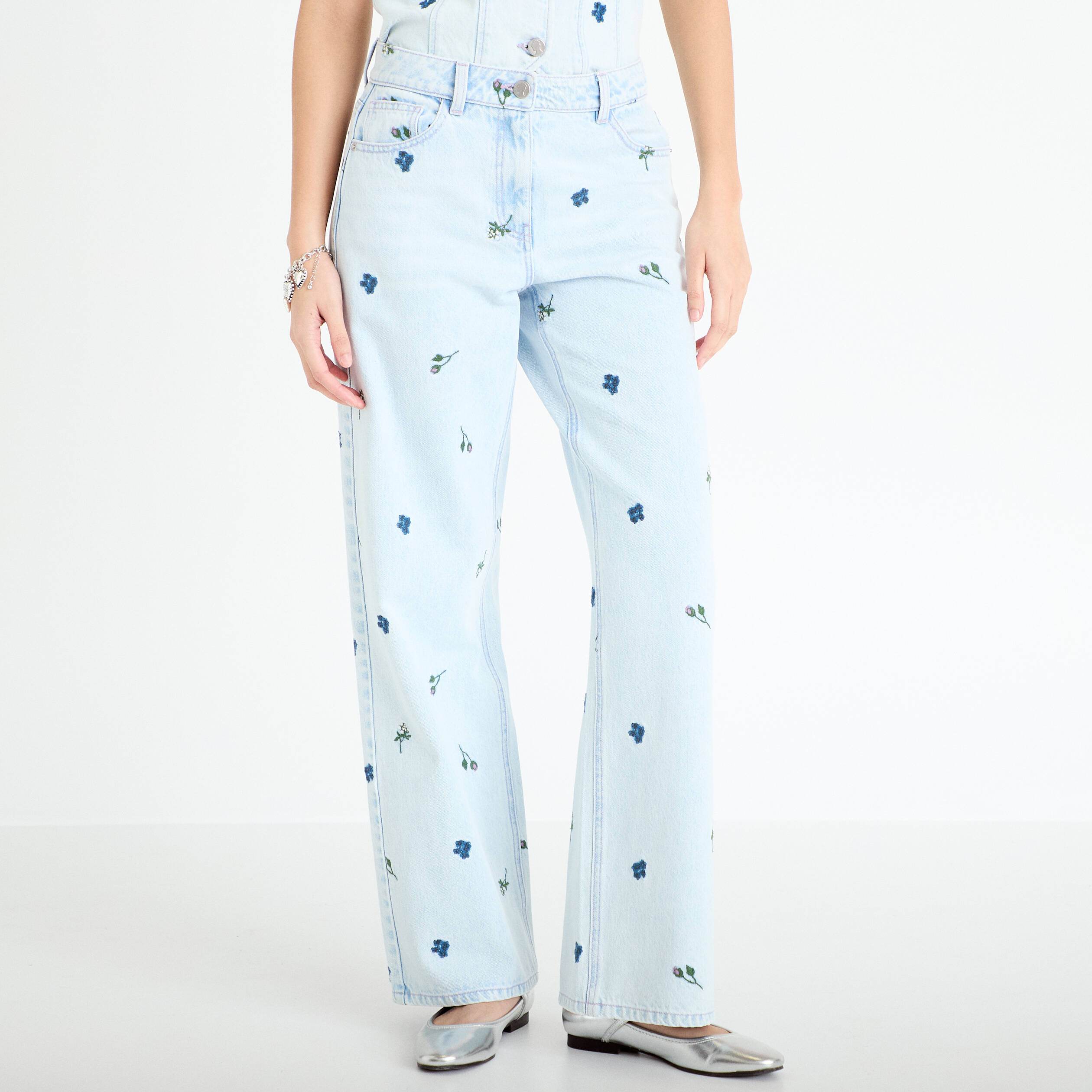 Jean wide leg brod&eacute; Bridgerton bleu clair femme