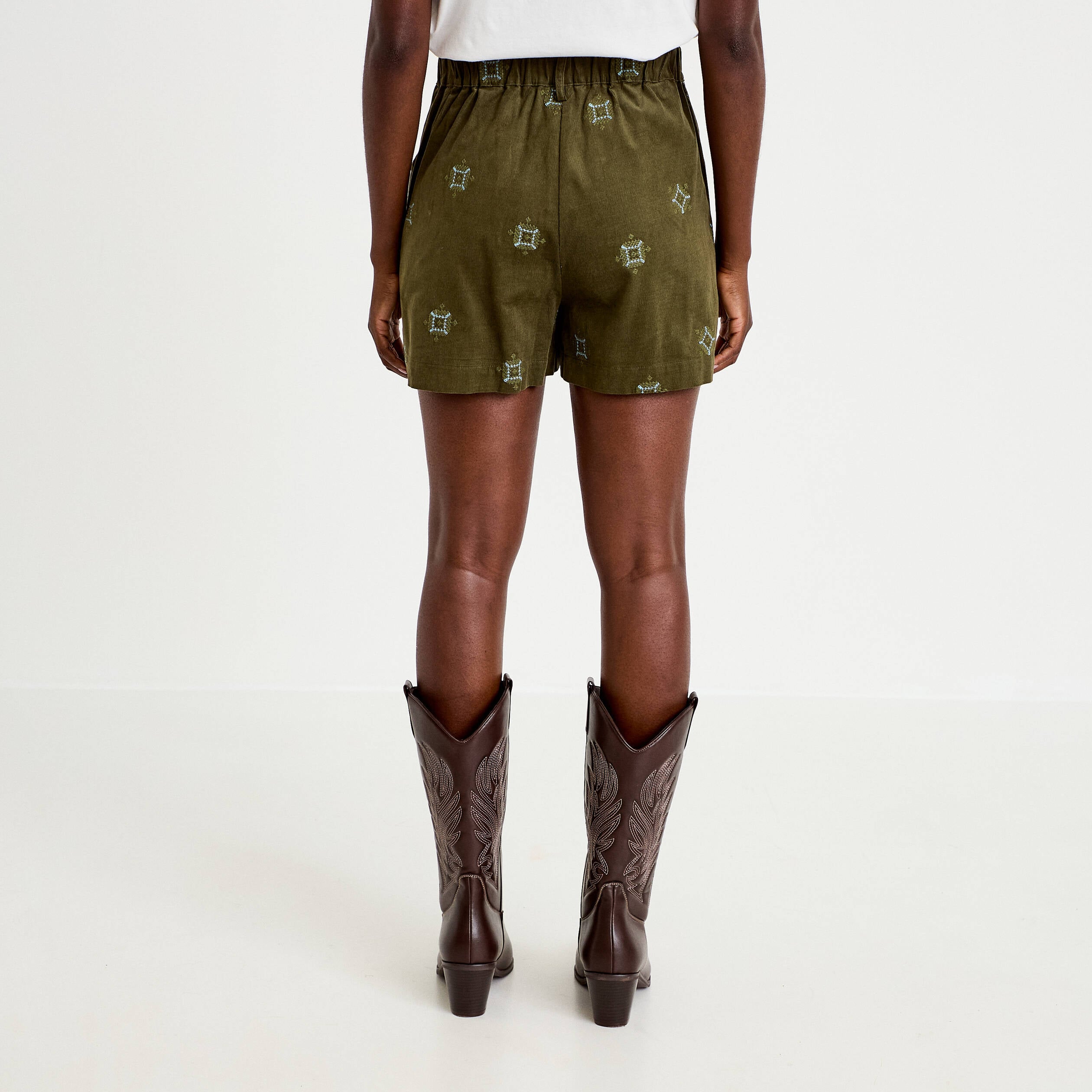 Short taille haute en velours brod&eacute; vert kaki femme