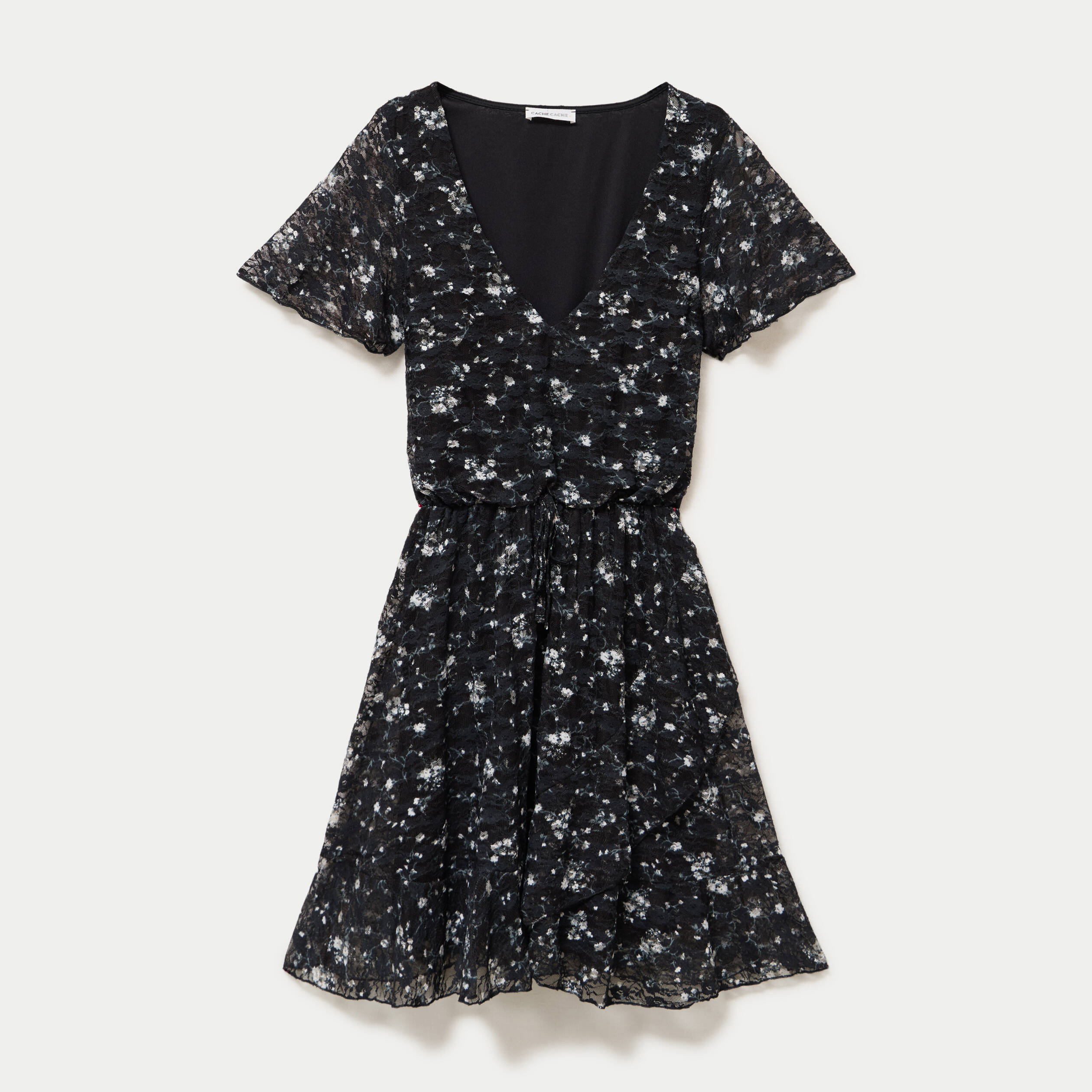 Robe courte &eacute;vas&eacute;e en dentelle col v noir femme