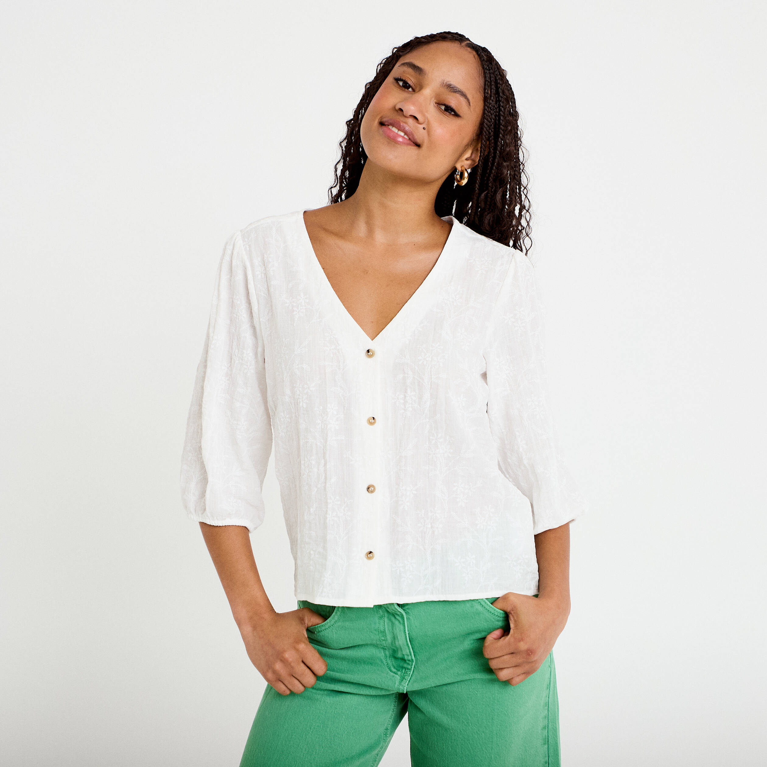 Blouse droite pliss&eacute;e manches 3/4 blanc femme