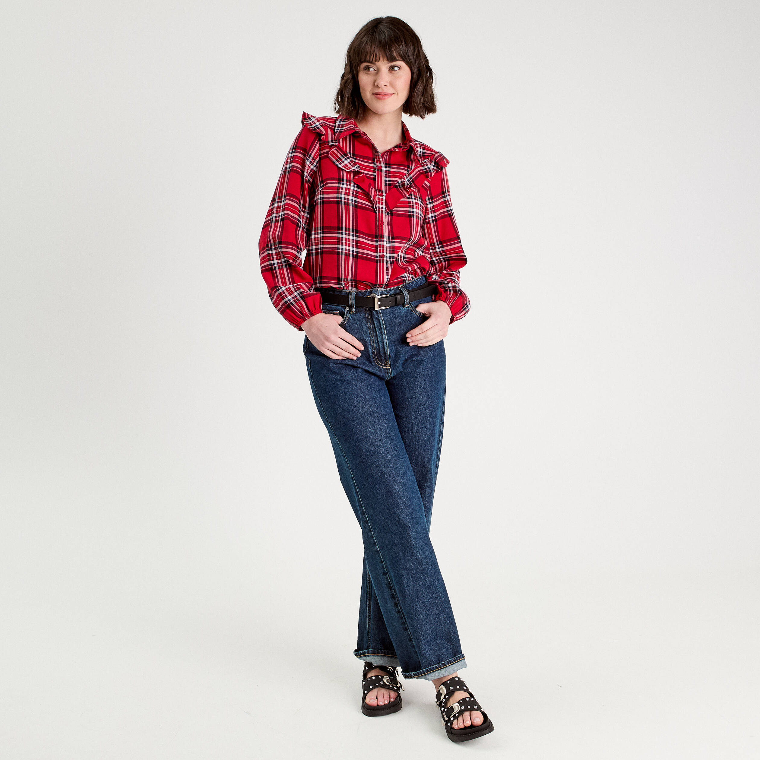 Blouse avec volants rouge femme