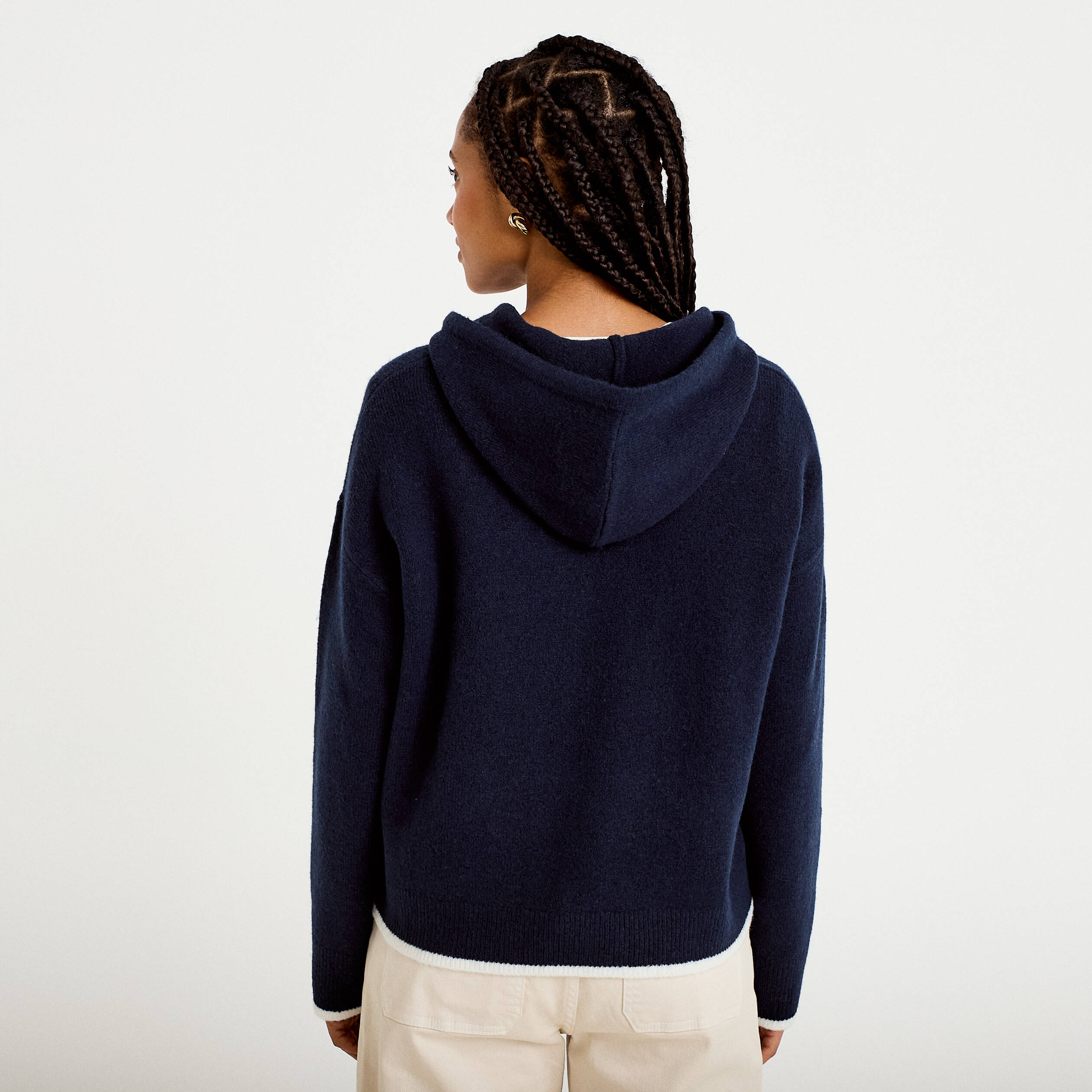 Pull &agrave; capuche bleu marine femme