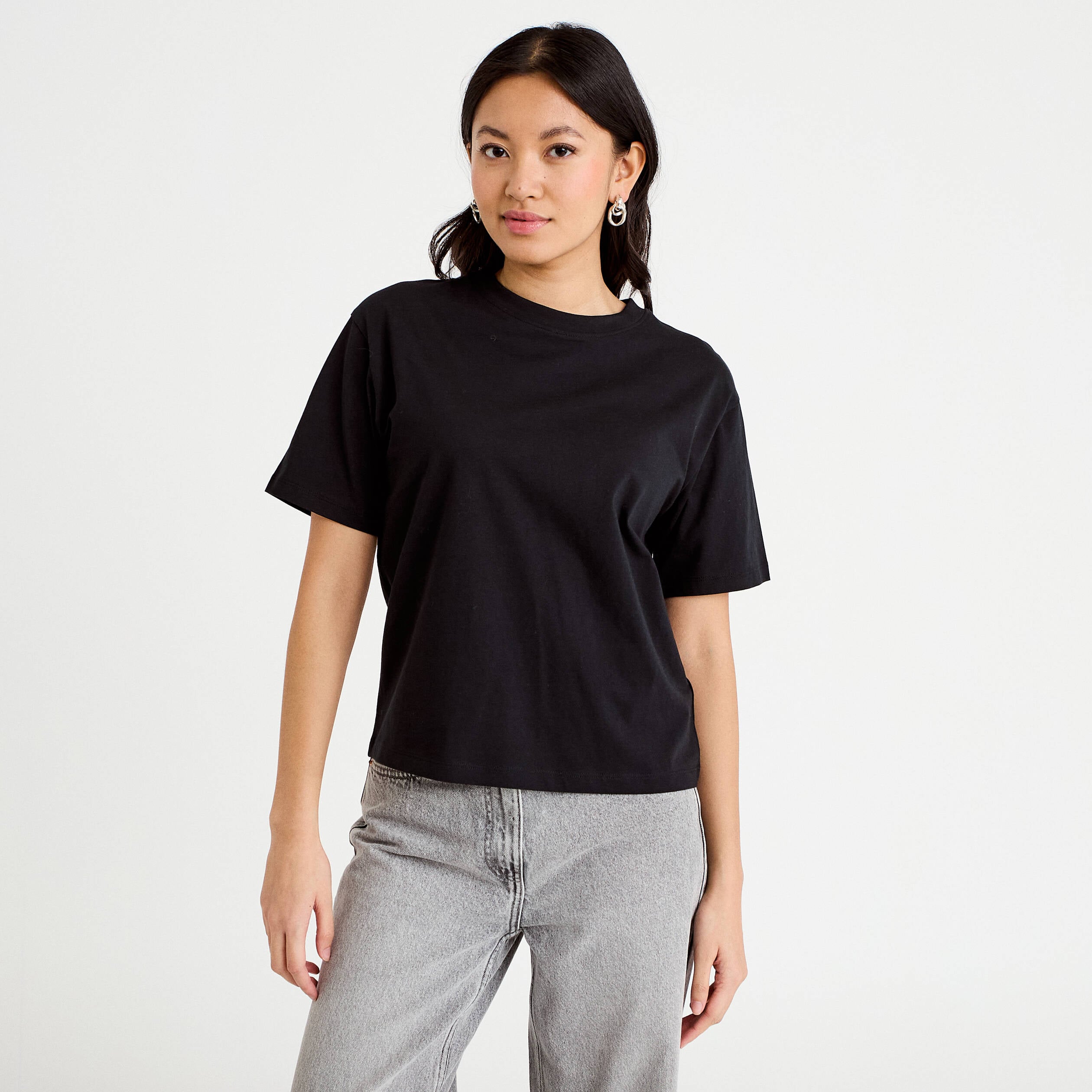 T-shirt col rond manches courtes noir femme