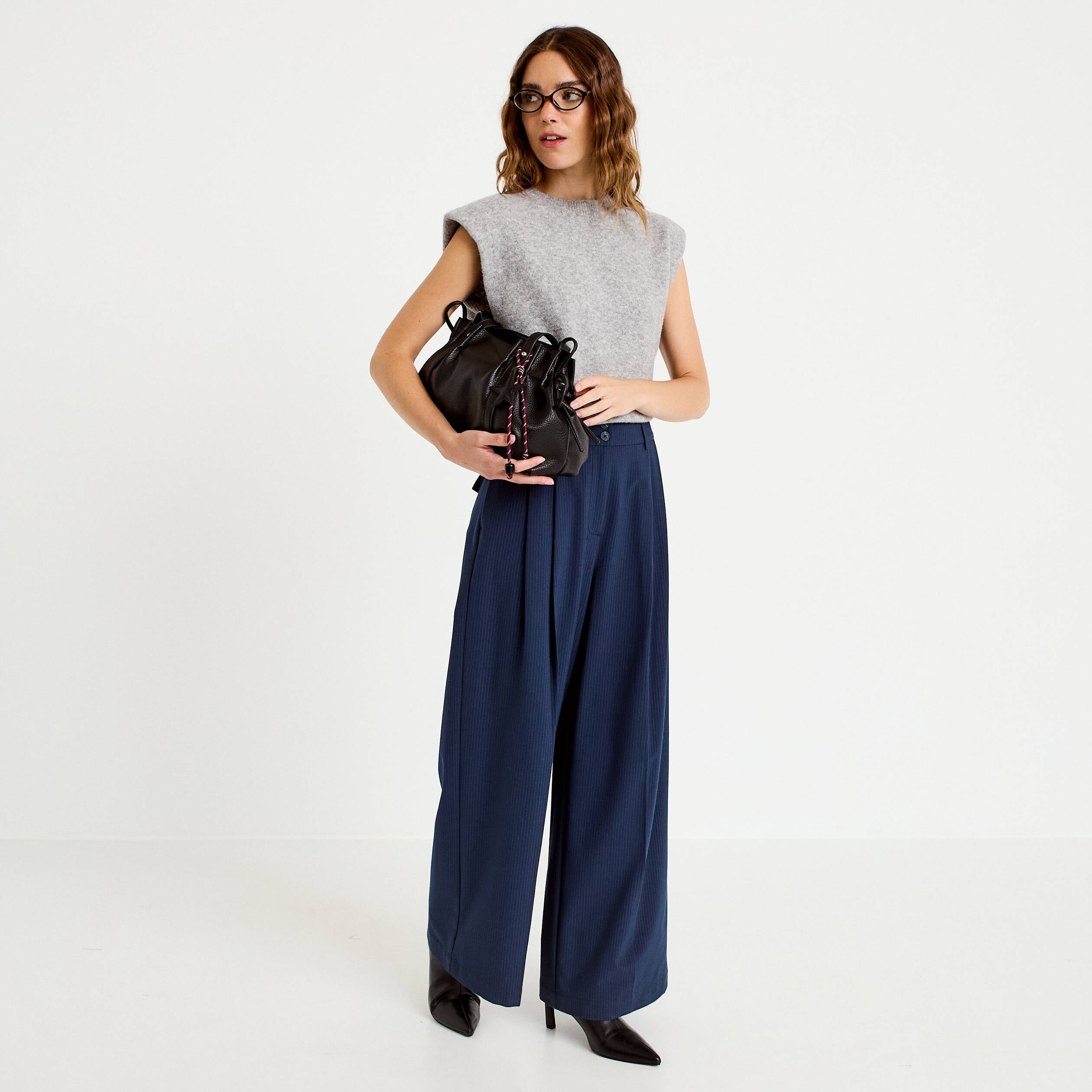 Pantalon large &agrave; pinces bleu marine femme
