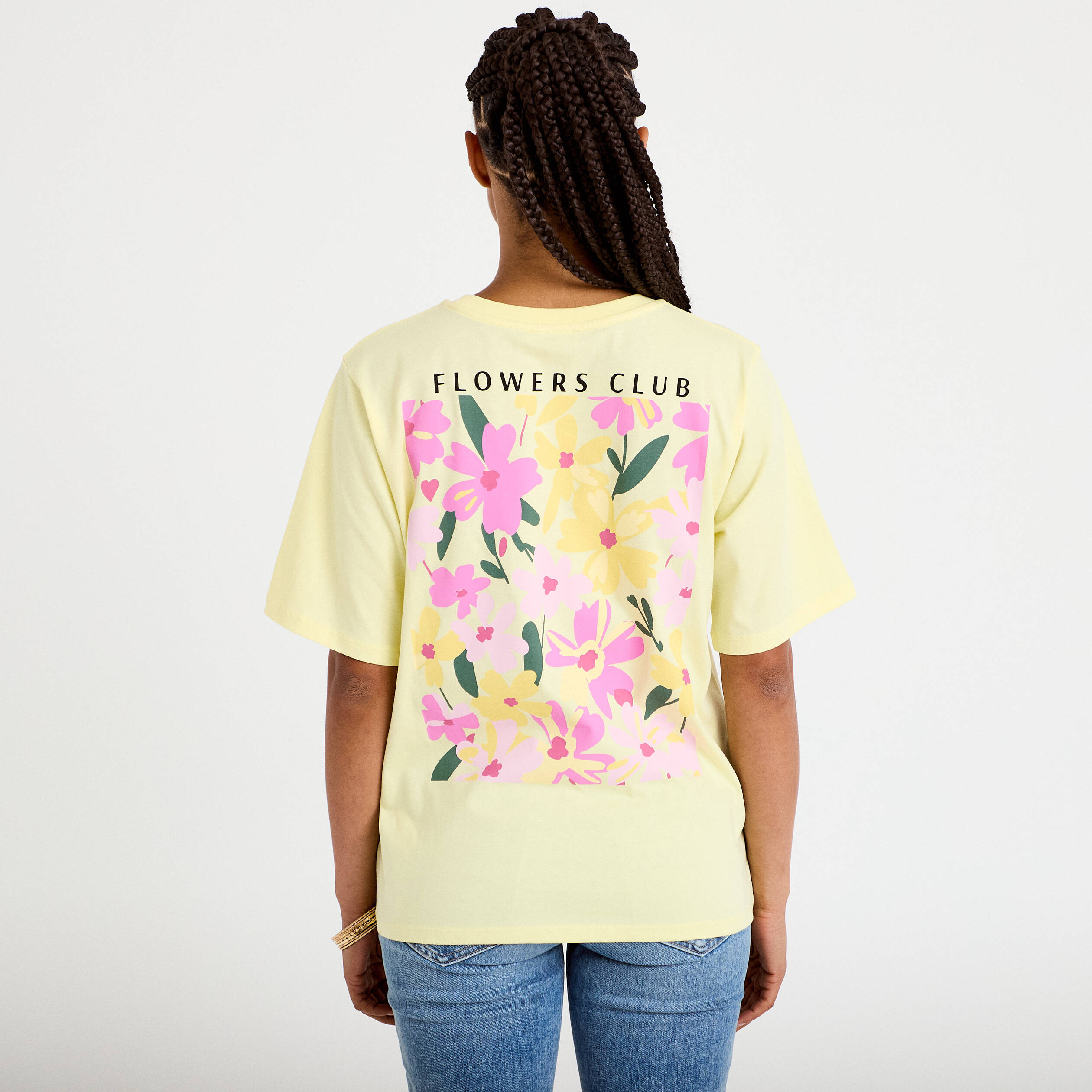 T-shirt col rond manches courtes jaune clair femme