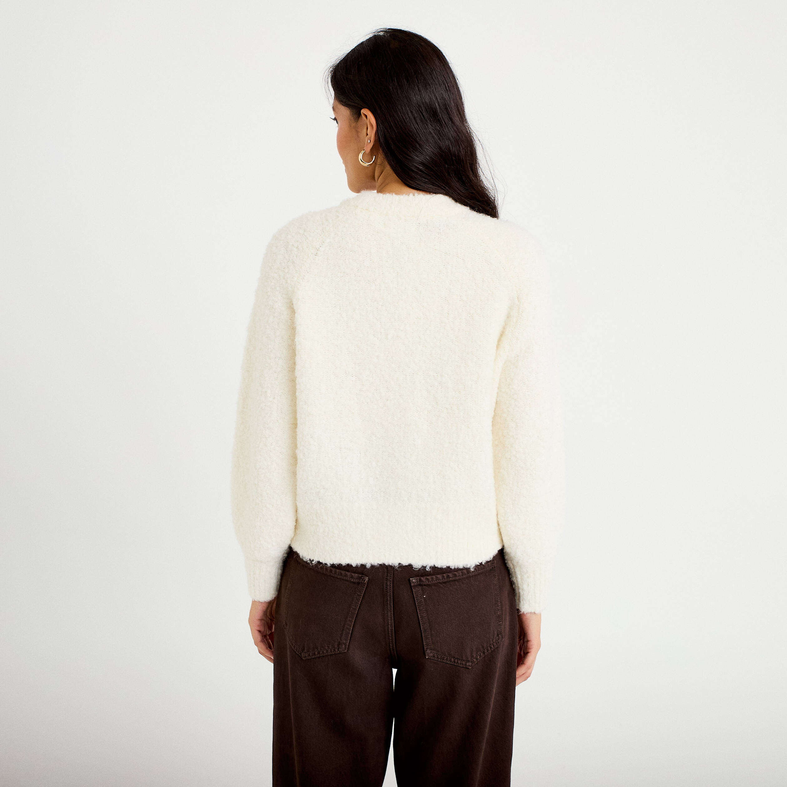 Gilet bouclette col rond manches longues ivoire femme