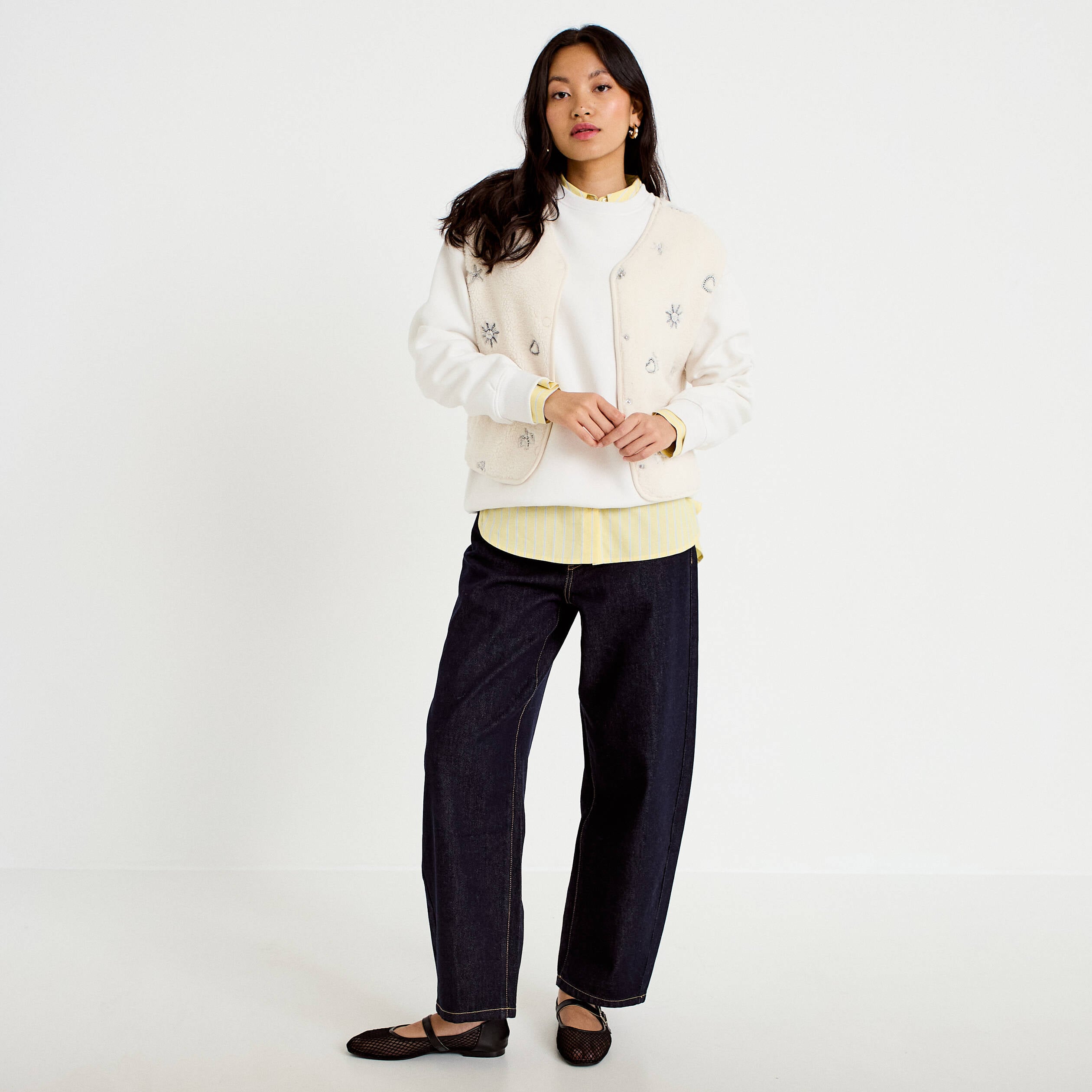 Sweat col rond manches longues ecru femme