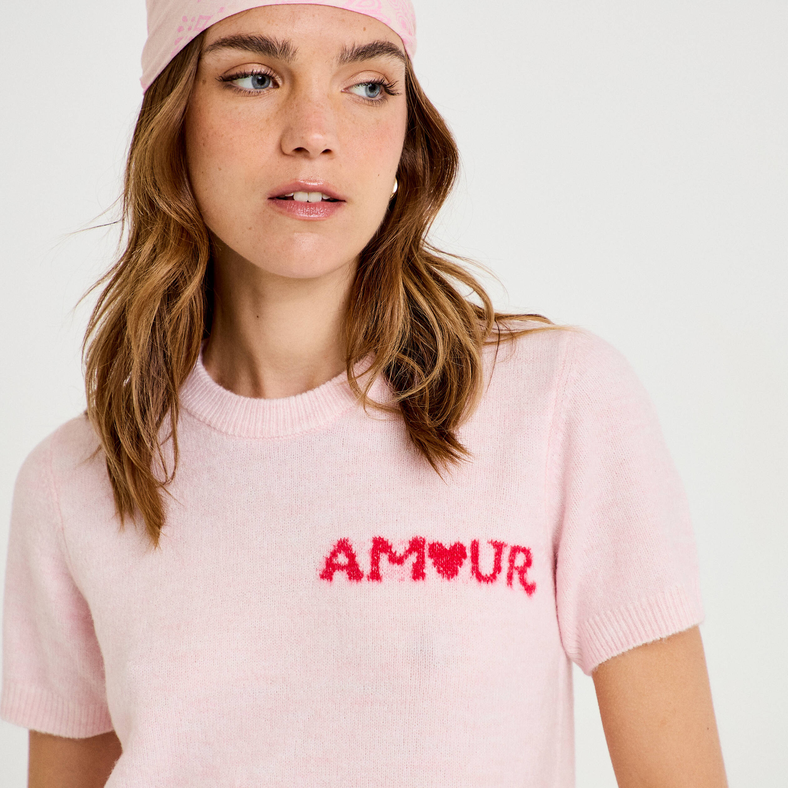 Pull ample manches courtes rose clair femme