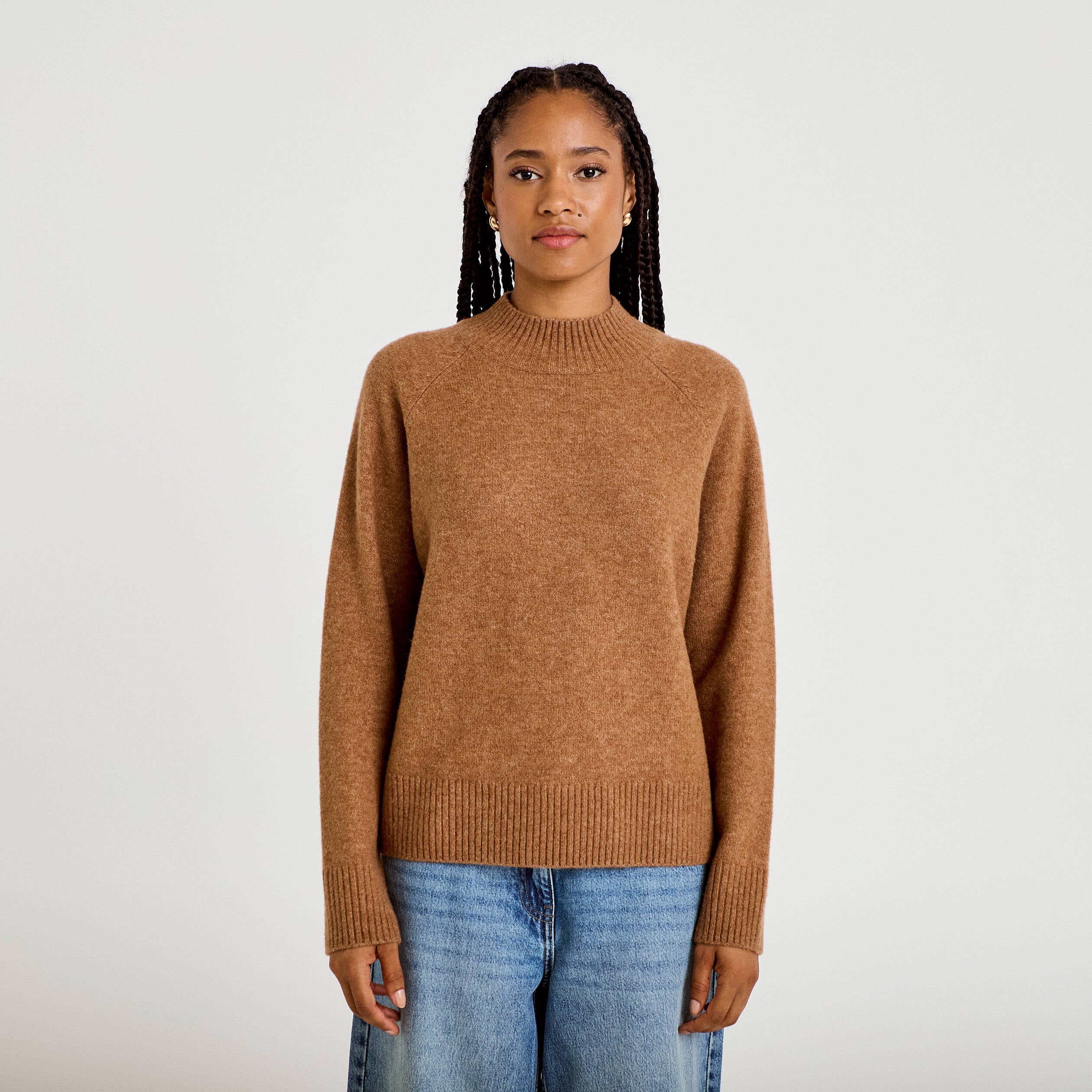 Pull col montant manches longues camel femme
