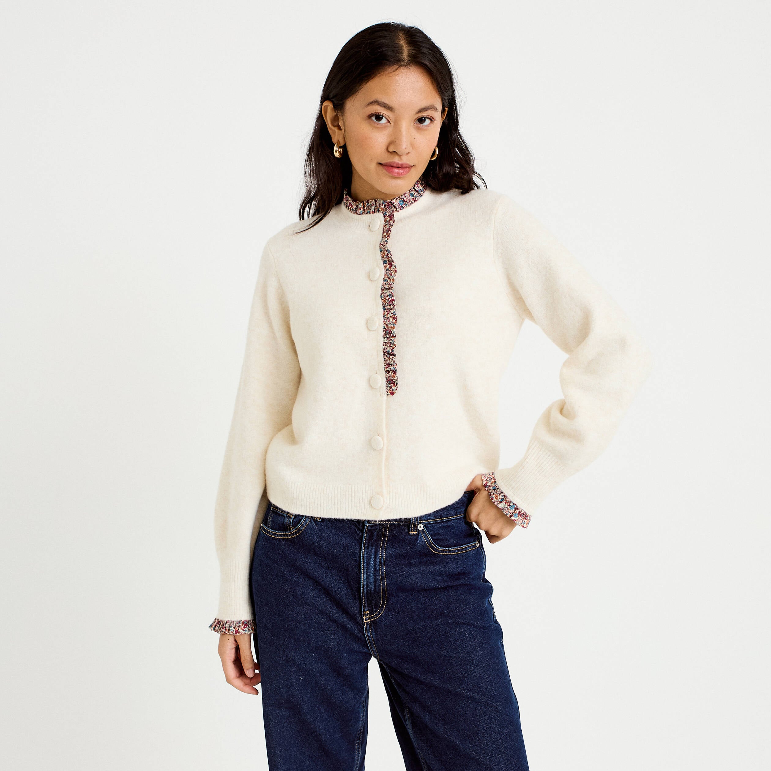 Gilet col rond manches longues ecru femme