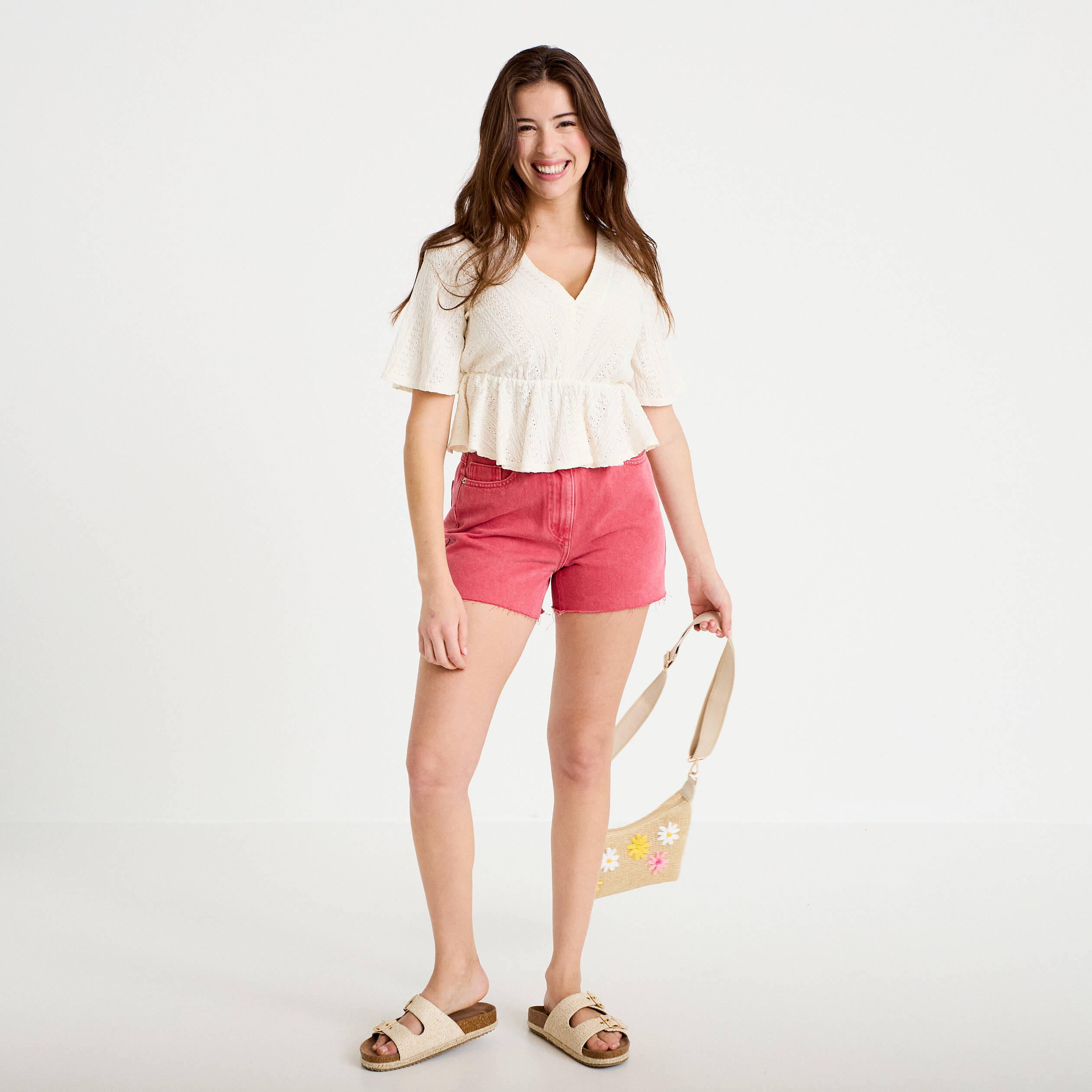 Short en jean 5 poches rose framboise femme