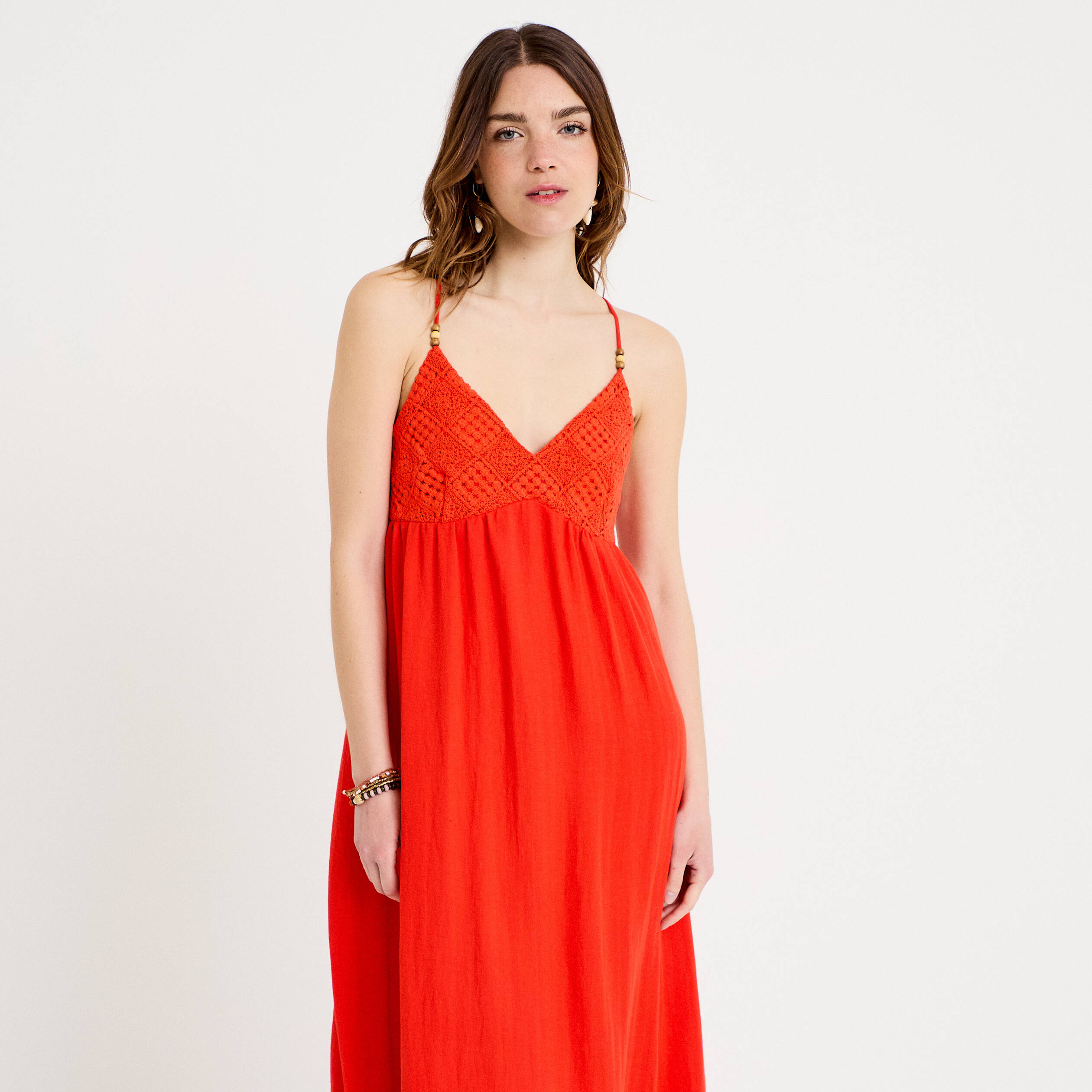 Robe bi-mati&egrave;re col v bretelles fines orange fonc&eacute; femme