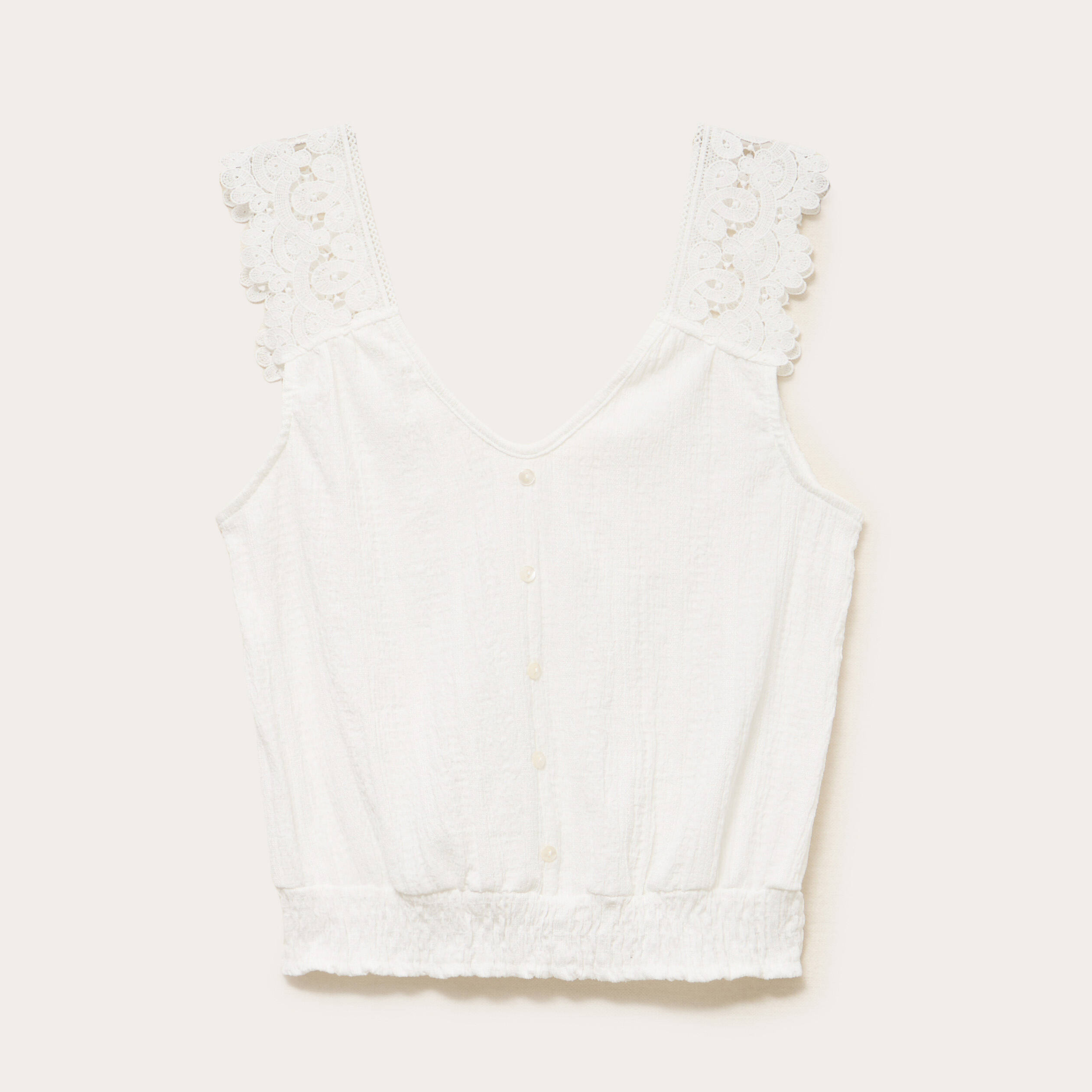 Top droit court sans manches en dentelle ecru femme