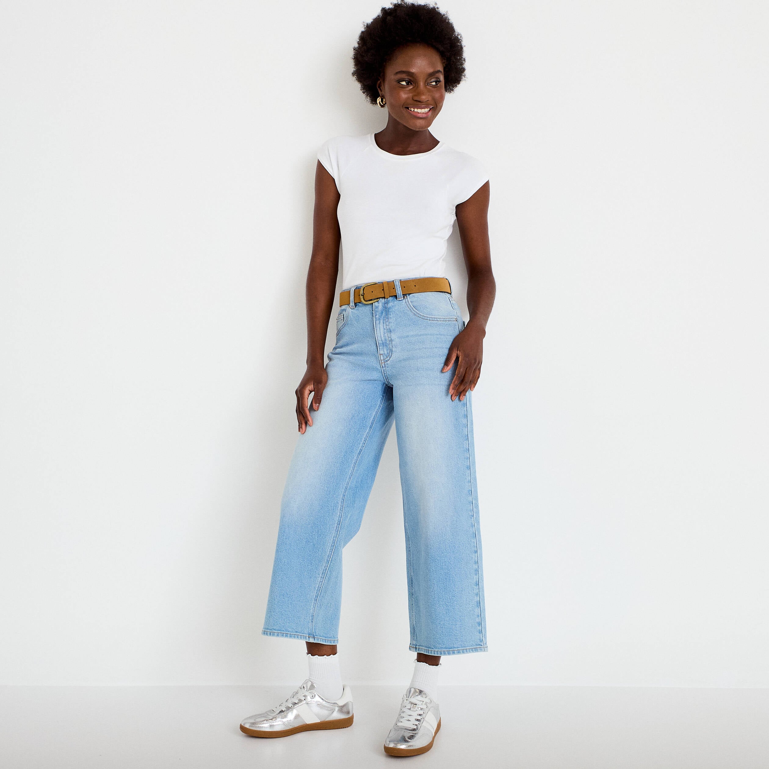 Jean wide leg taille haute ceinture denim triple stone femme
