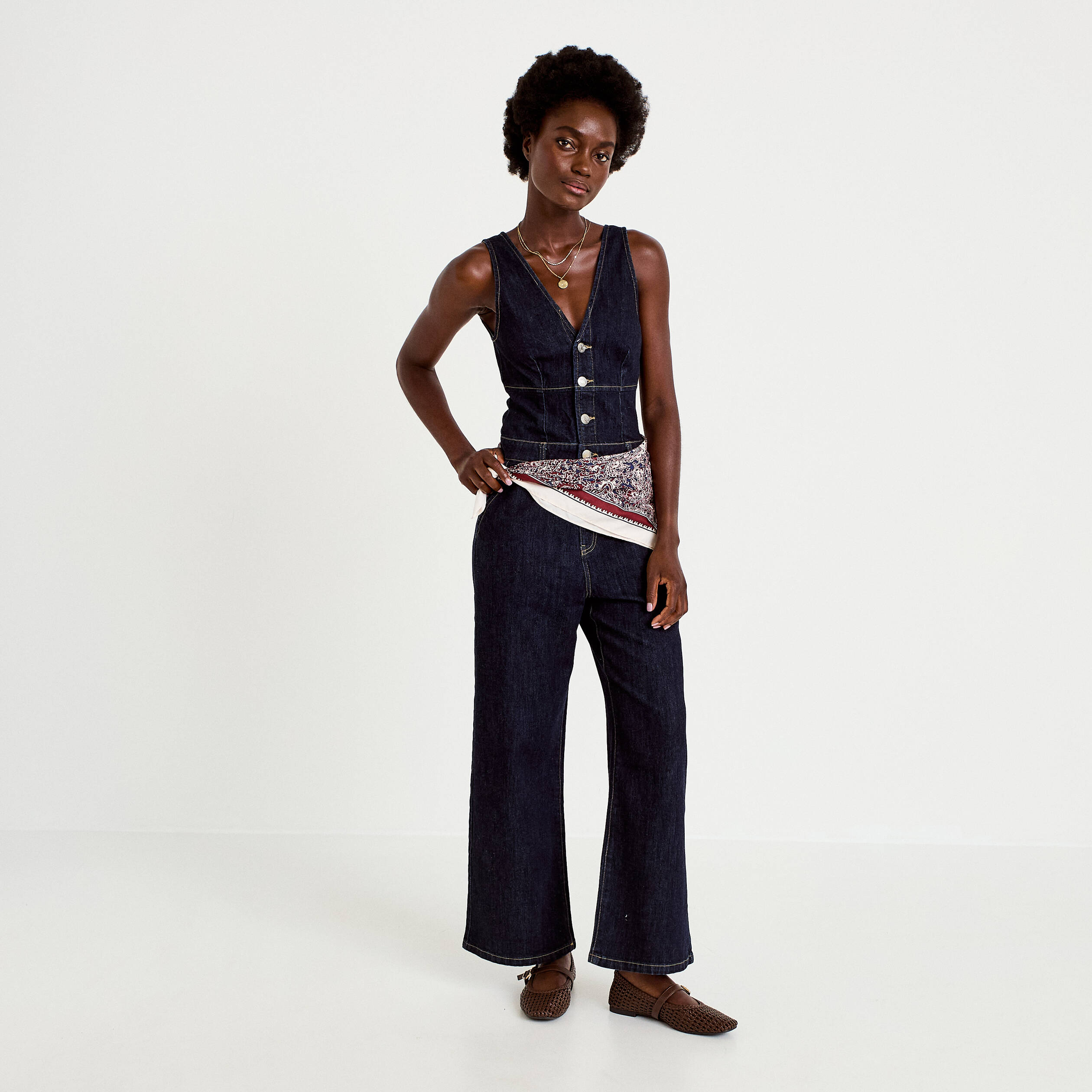 Combinaison jean large sans manches denim brut femme