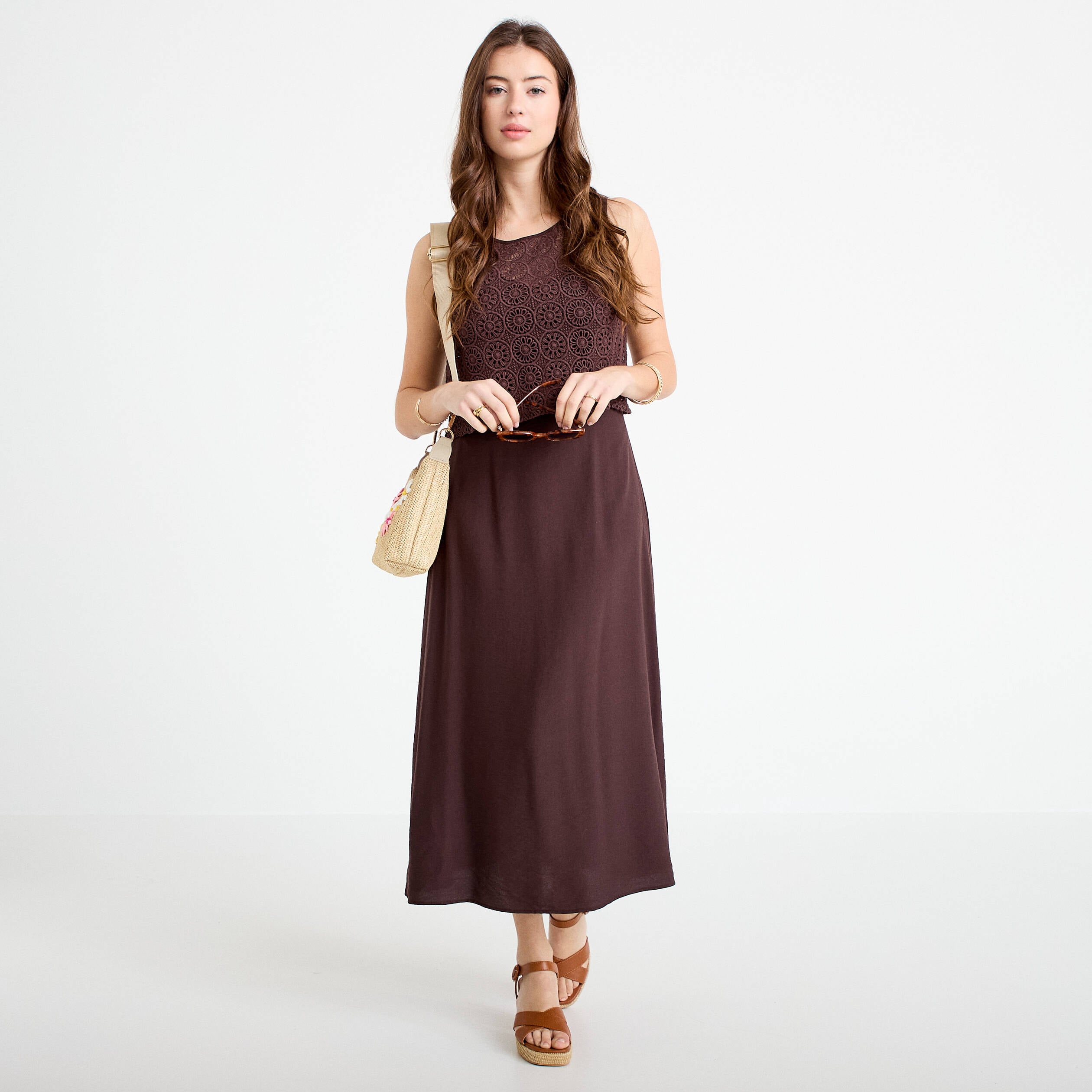 Robe longue bi-mati&egrave;re col rond marron fonc&eacute; femme