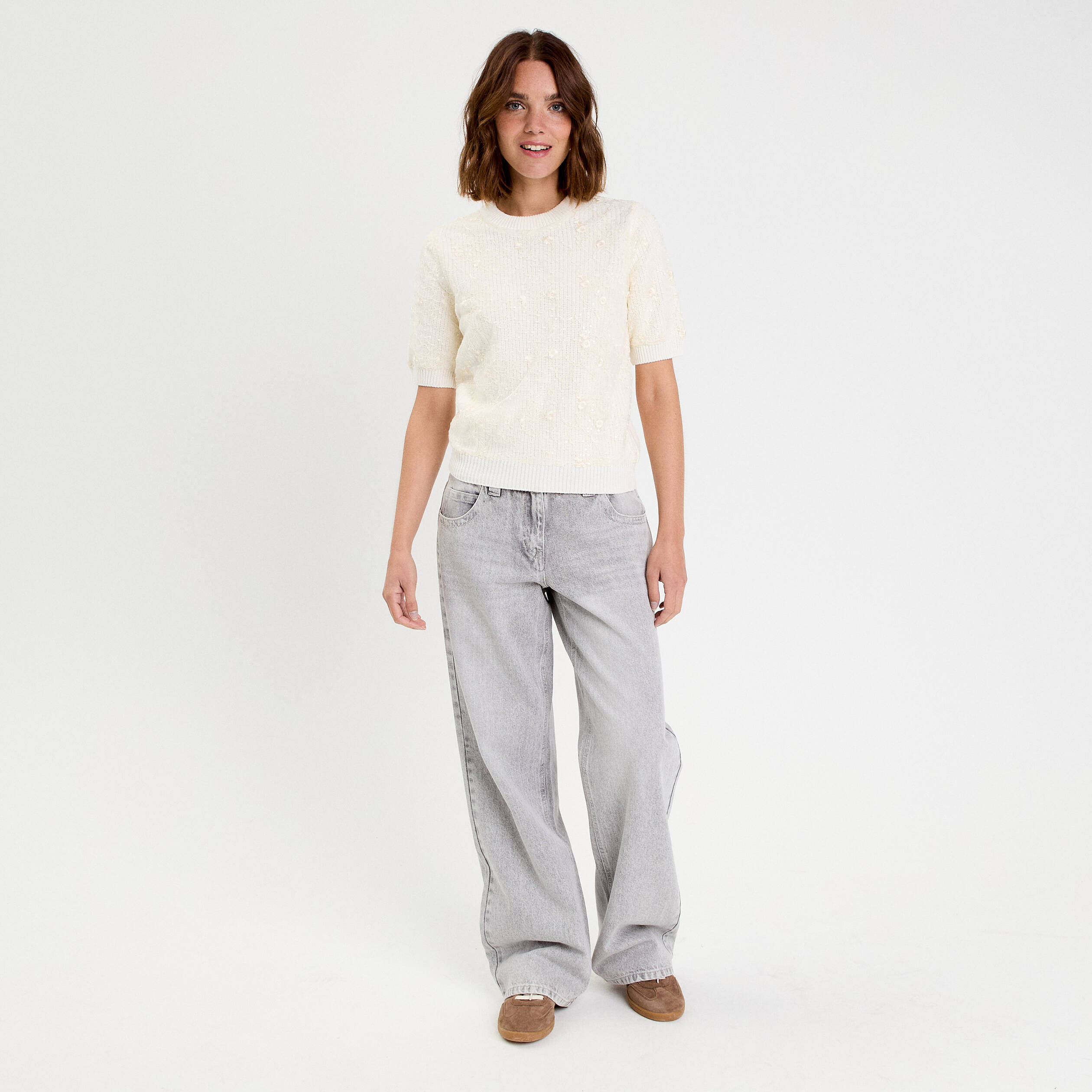 Pull dentelle manches courtes ecru femme
