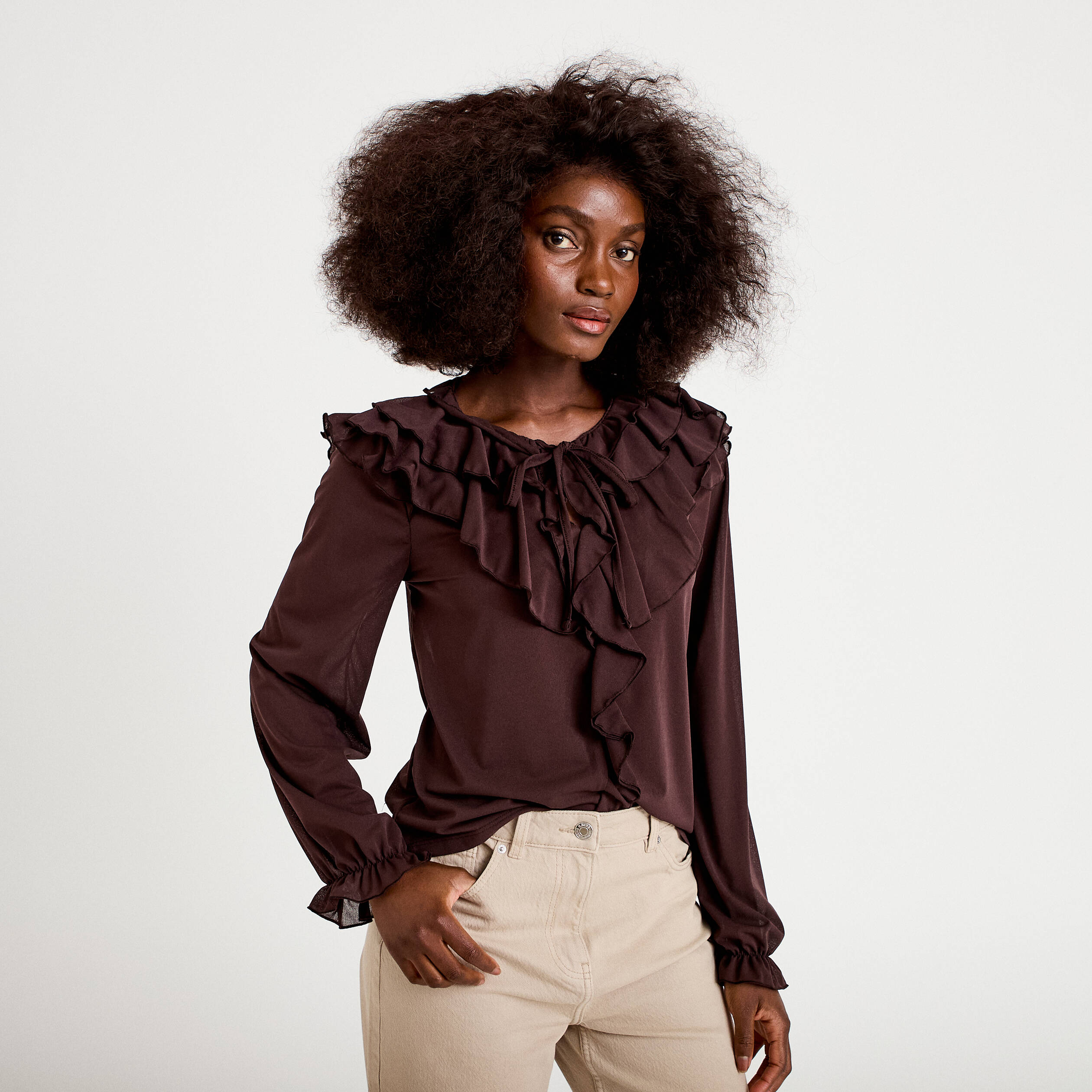 Blouse ample col v manches longues bordeaux femme
