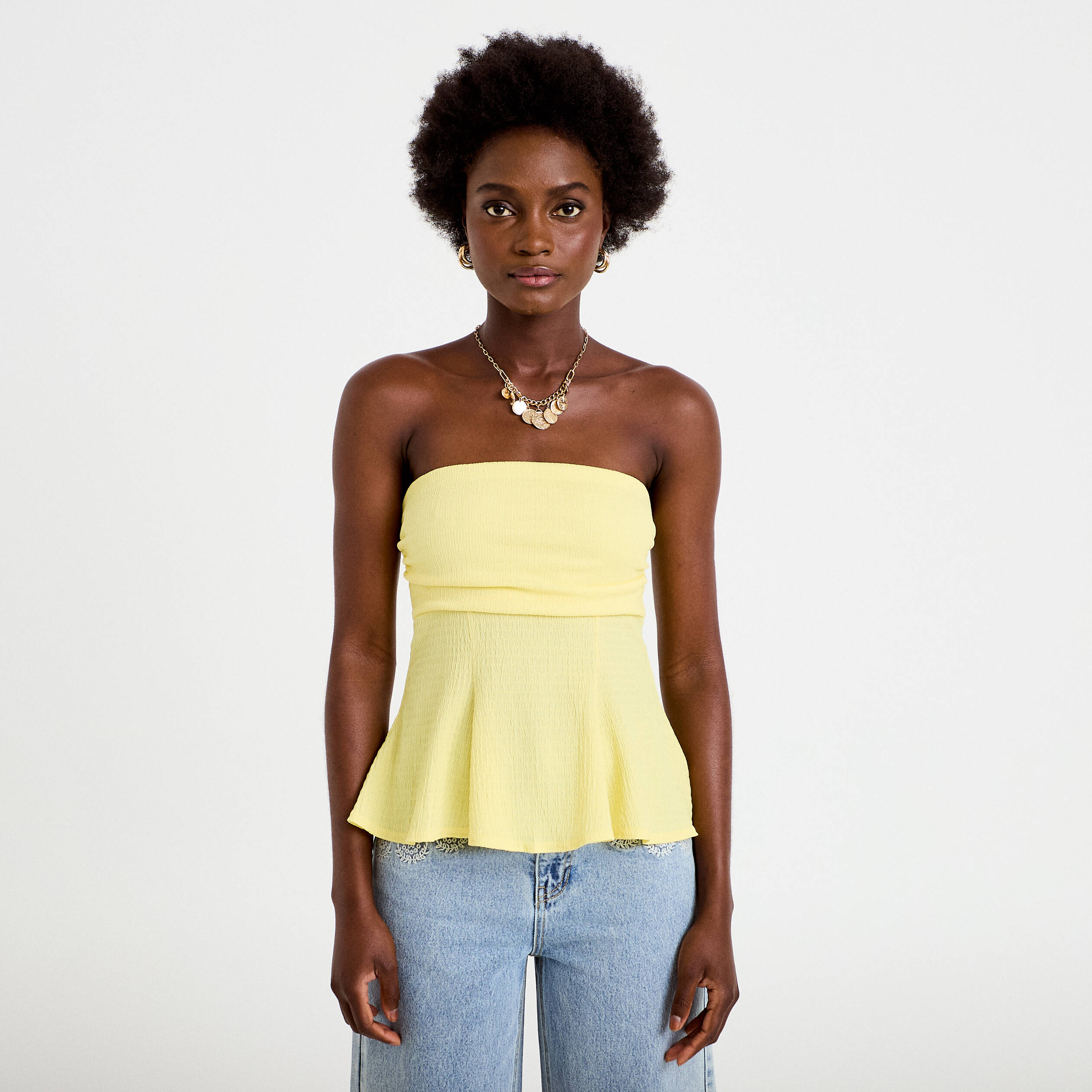 Bustier p&eacute;plum ajust&eacute; cropped pliss&eacute; jaune pastel femme