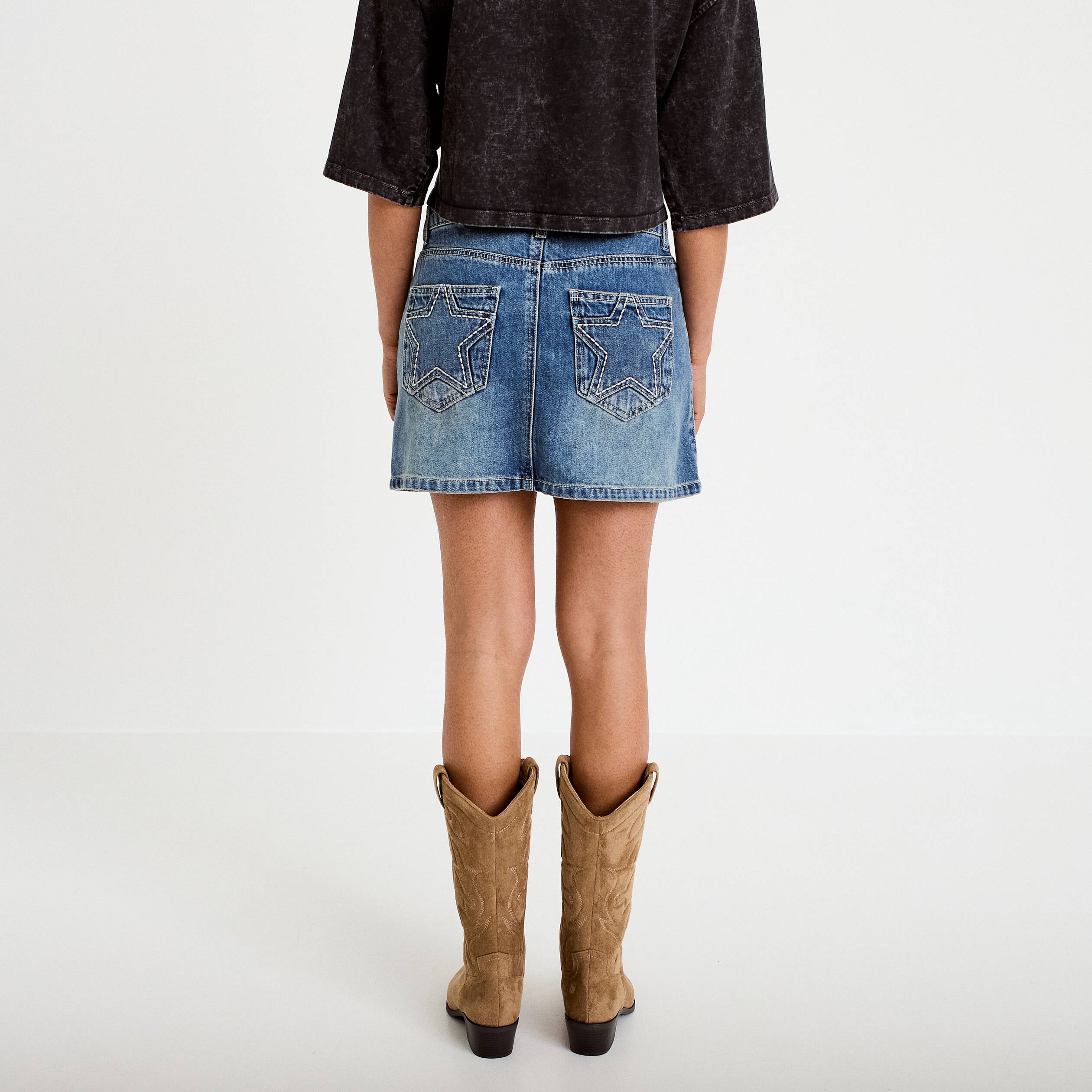 Jupe-short droite en jean denim double stone femme