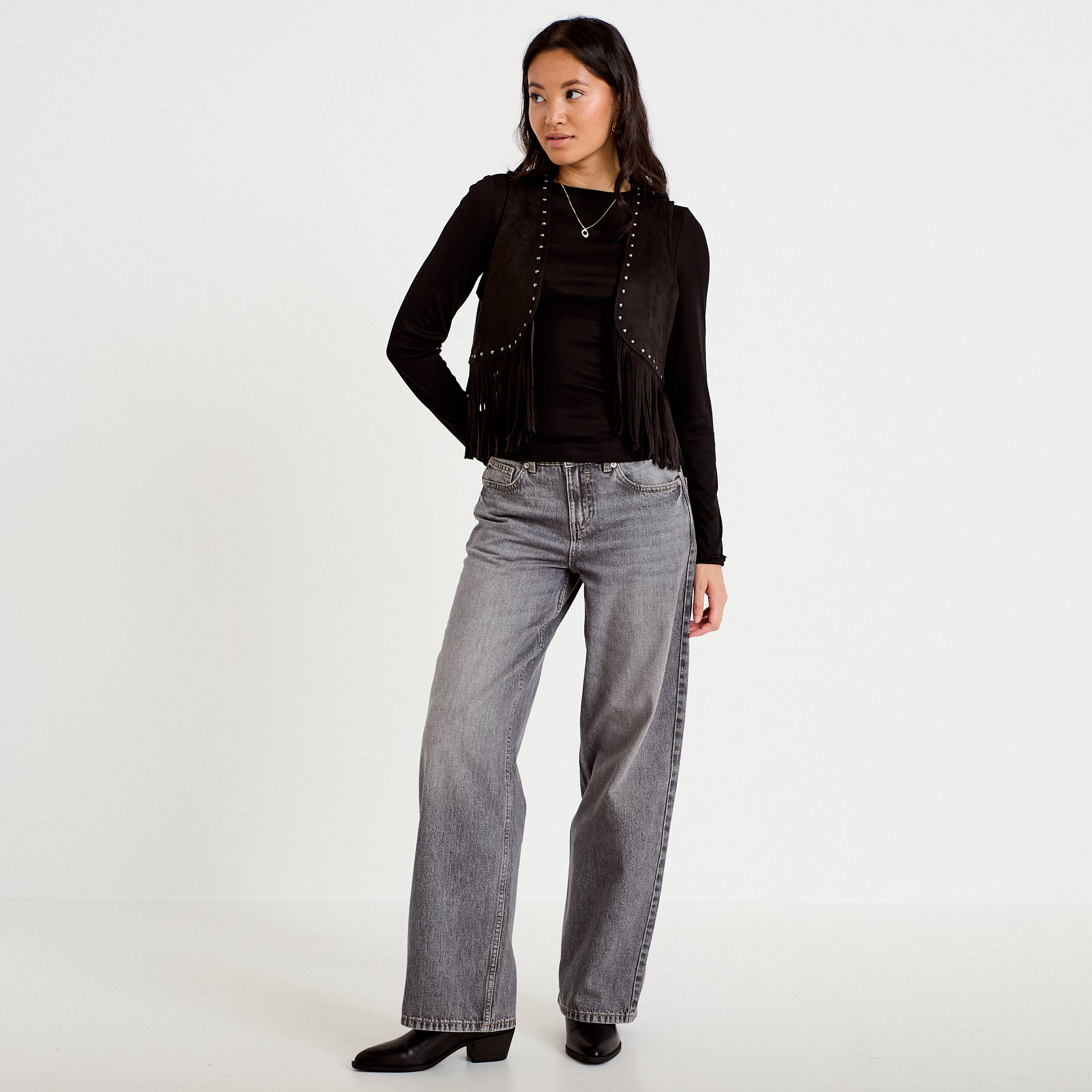 Gilet droit sans manches aspect daim noir femme