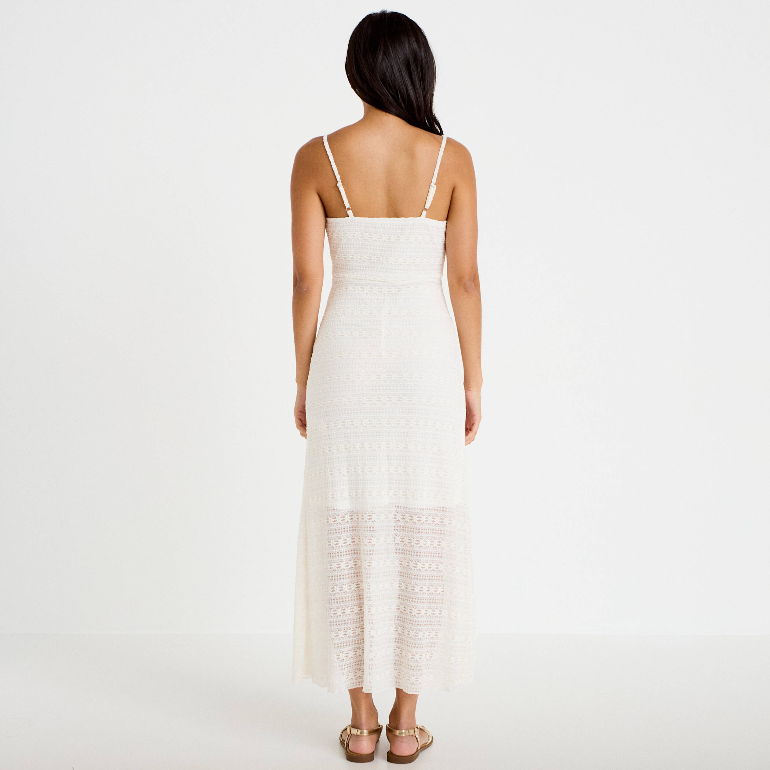Robe longue droite col b&eacute;nitier dentelle ecru femme