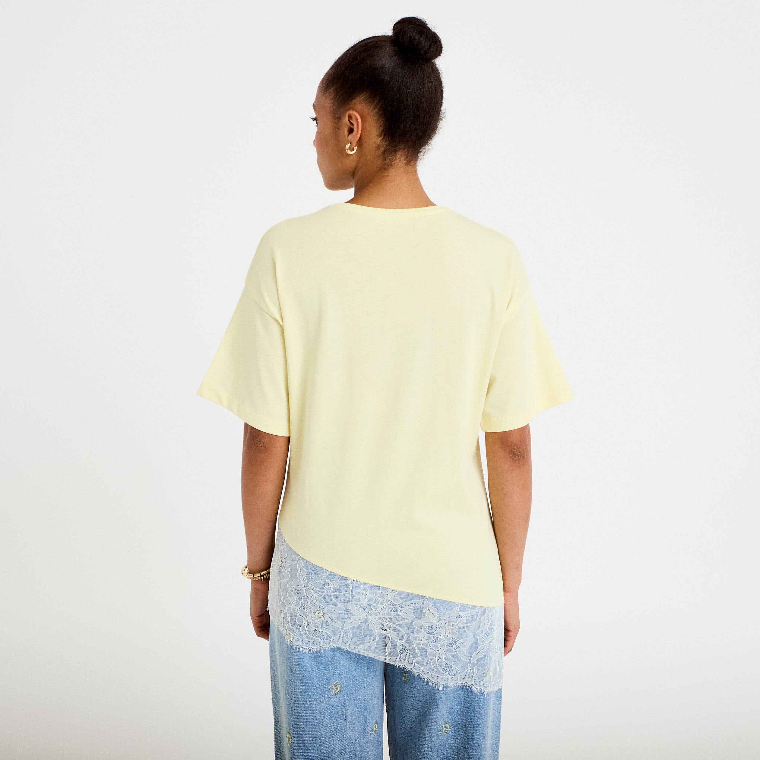 T-shirt oversize longue dentelle jaune clair femme