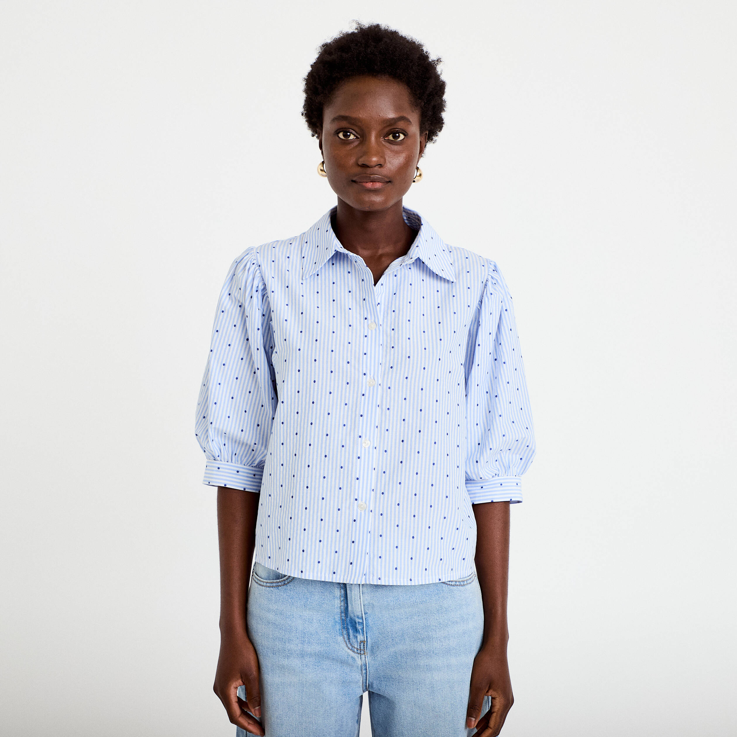Chemise coupe ample manches 3/4 bleu femme