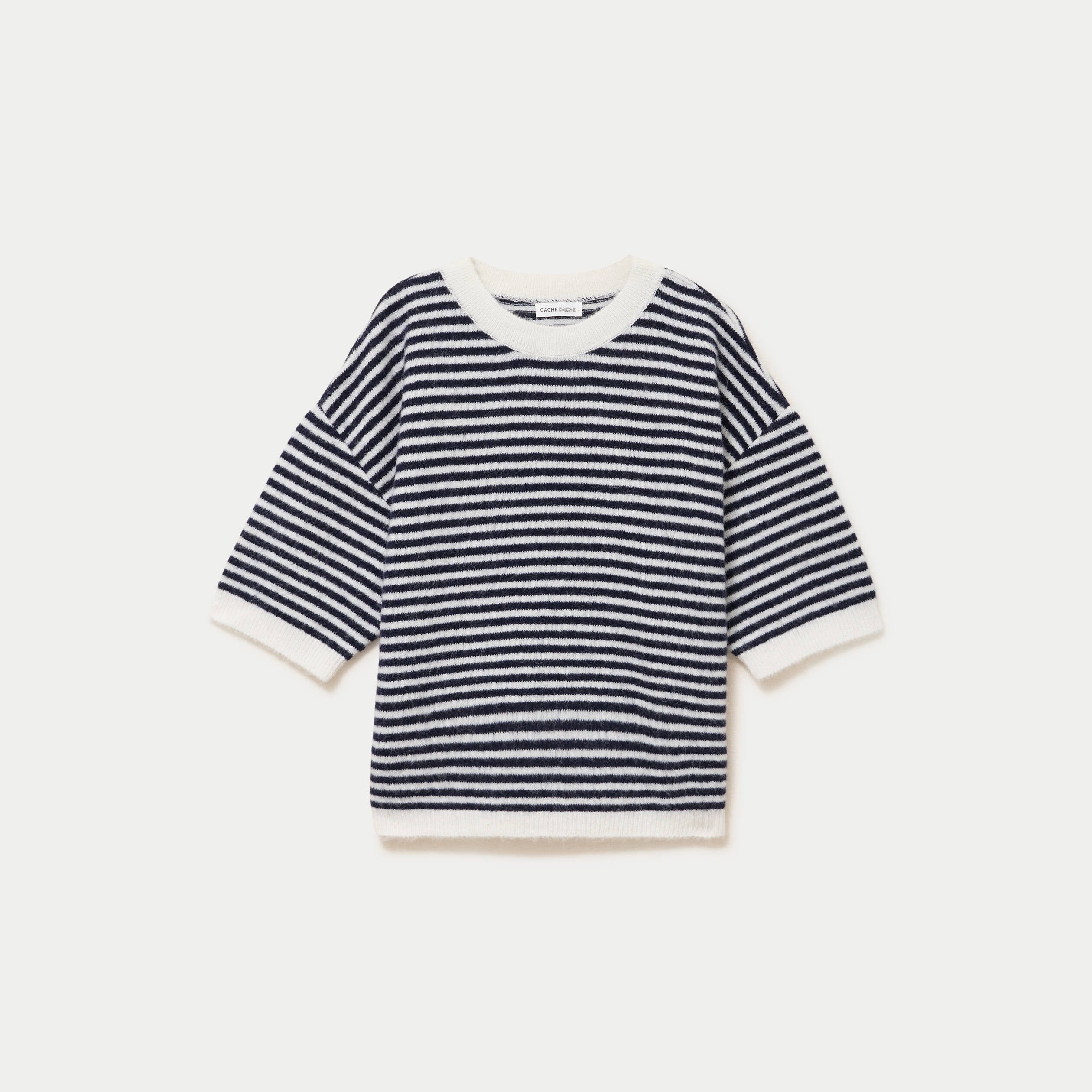 Pull ample duveteux manches courtes ecru femme