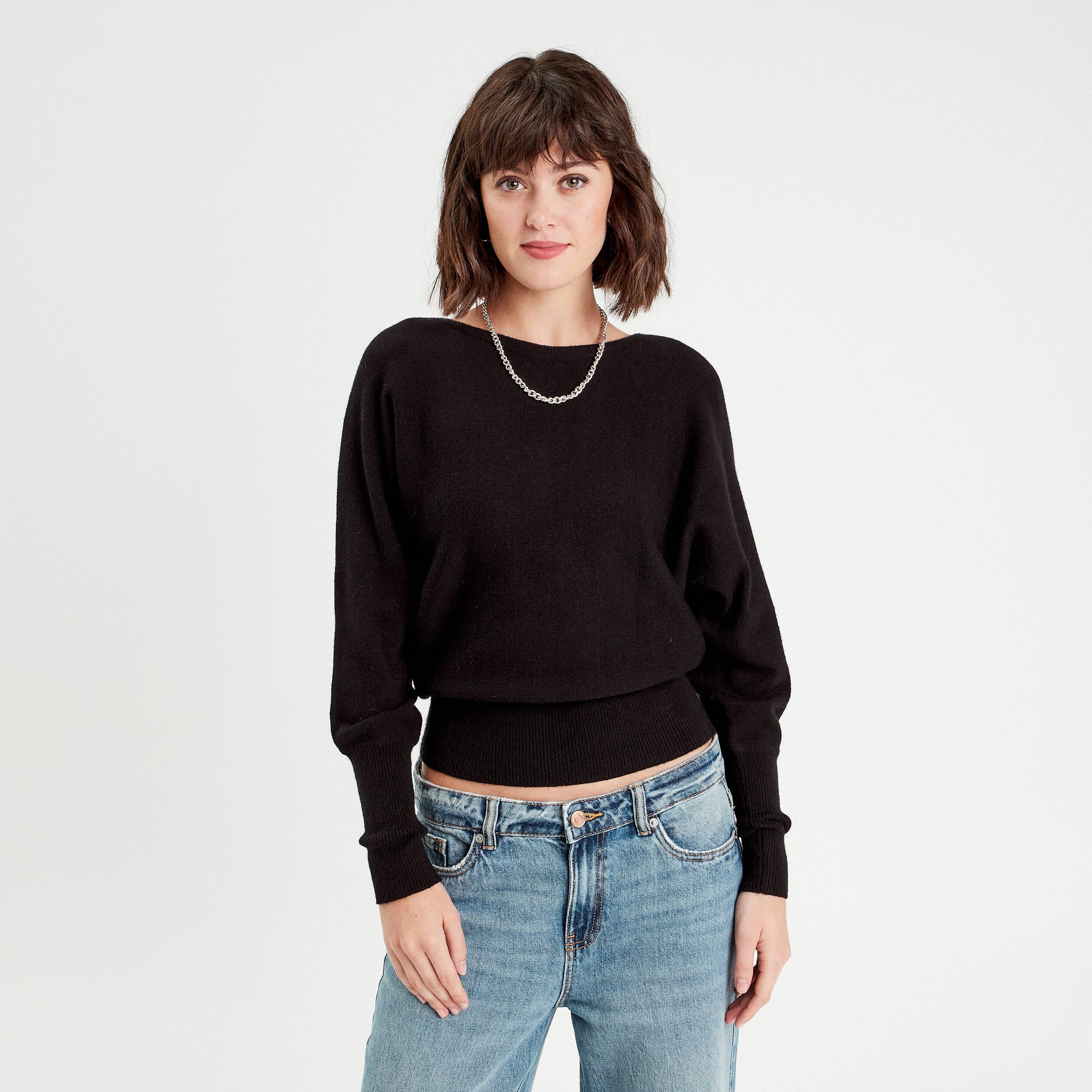 Pull manches chauves-souris noir femme