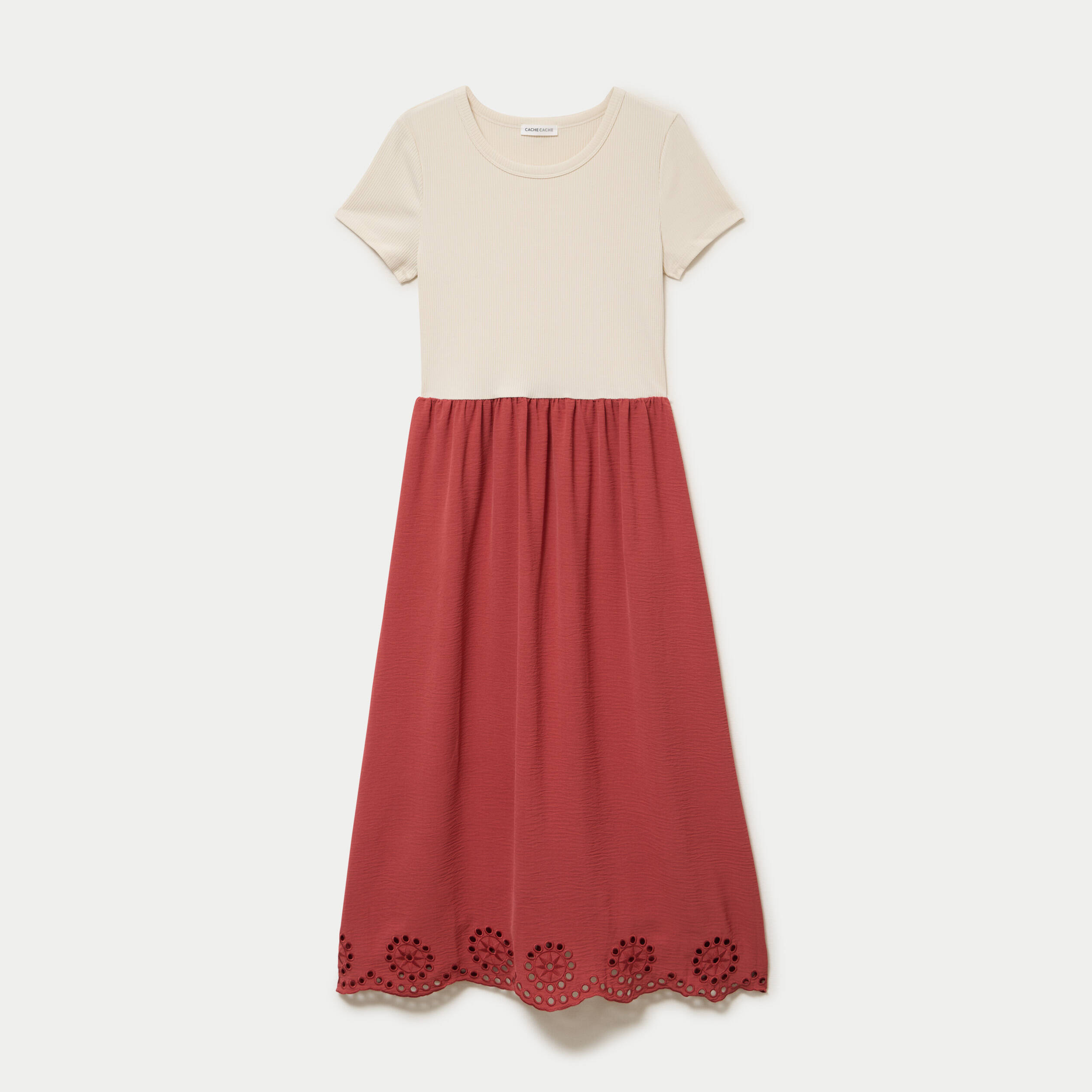 Robe longue &eacute;vas&eacute;e bi-mati&egrave;re brod&eacute;e vieux rose femme