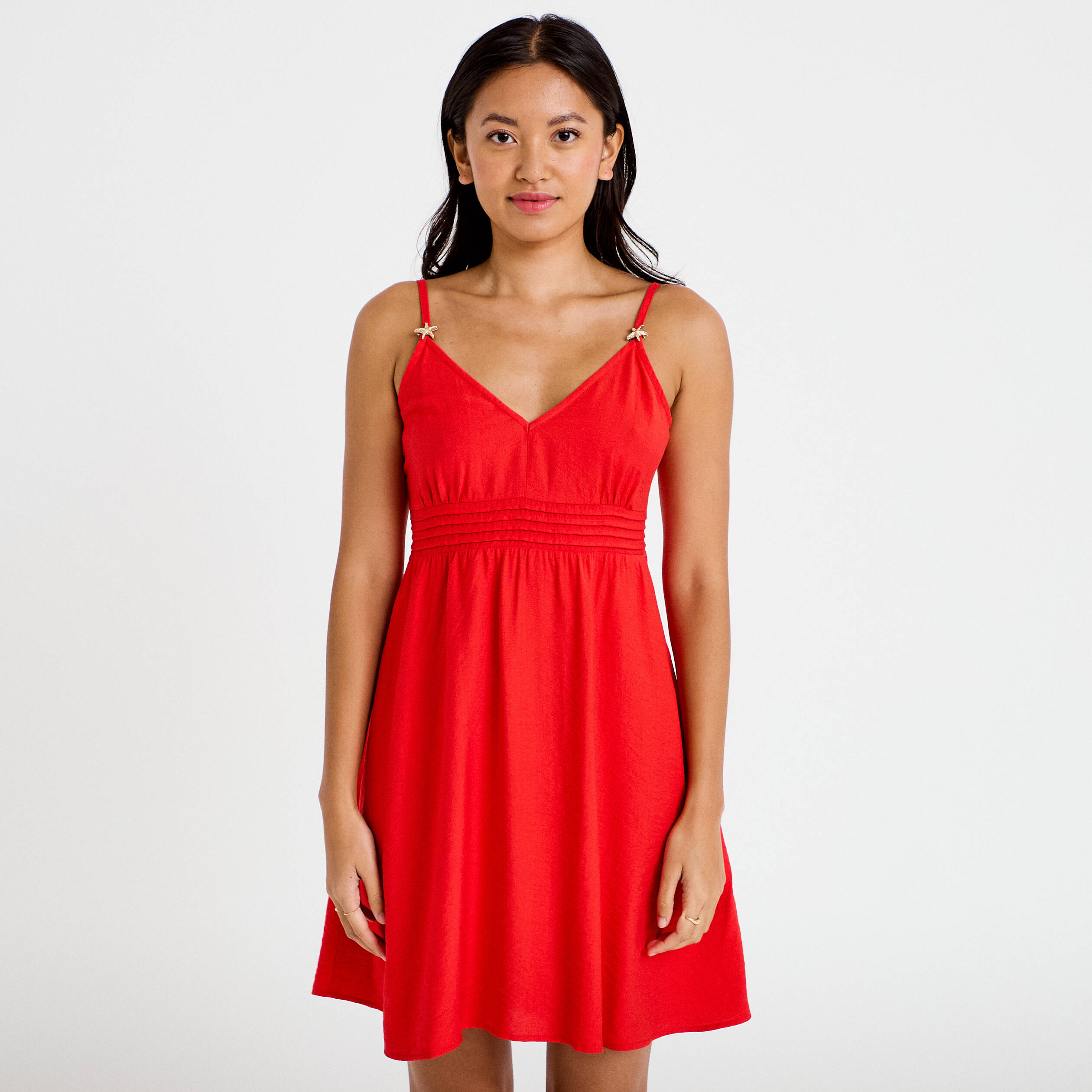 Robe courte d&eacute;collet&eacute; bretelles fines rouge femme