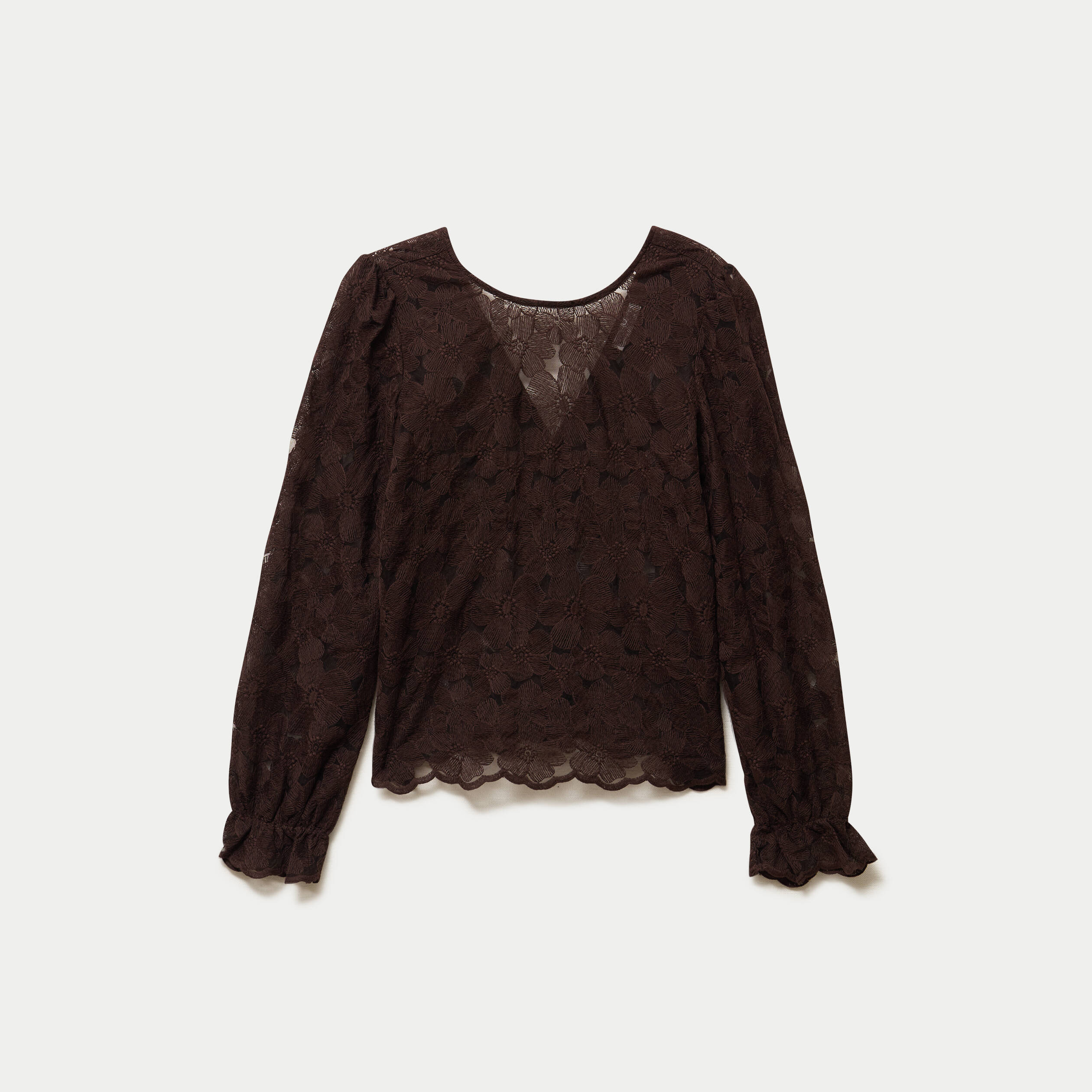 Blouse droite col v en dentelle marron fonc&eacute; femme
