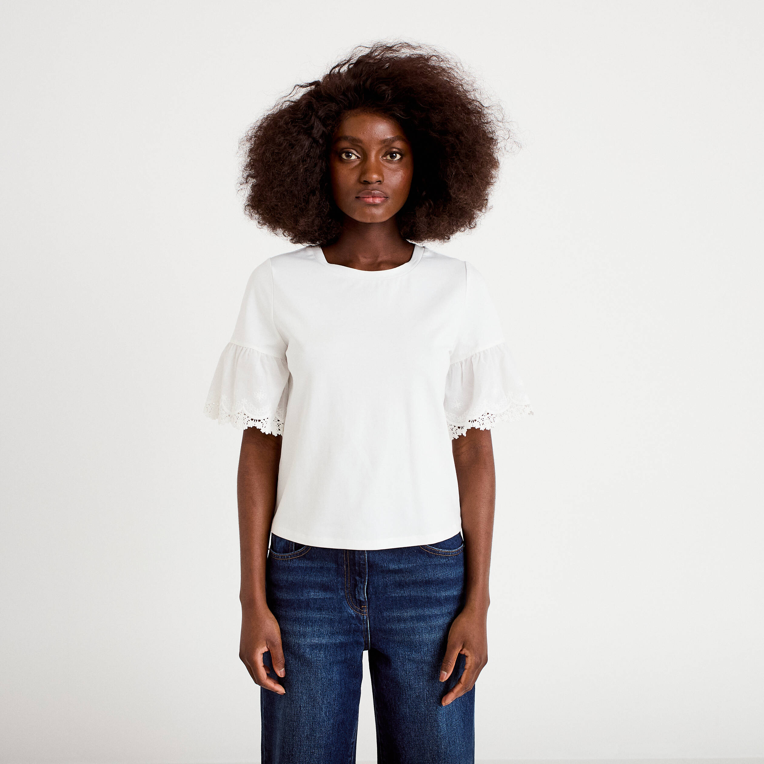 T-shirt broderie manches courtes ecru femme