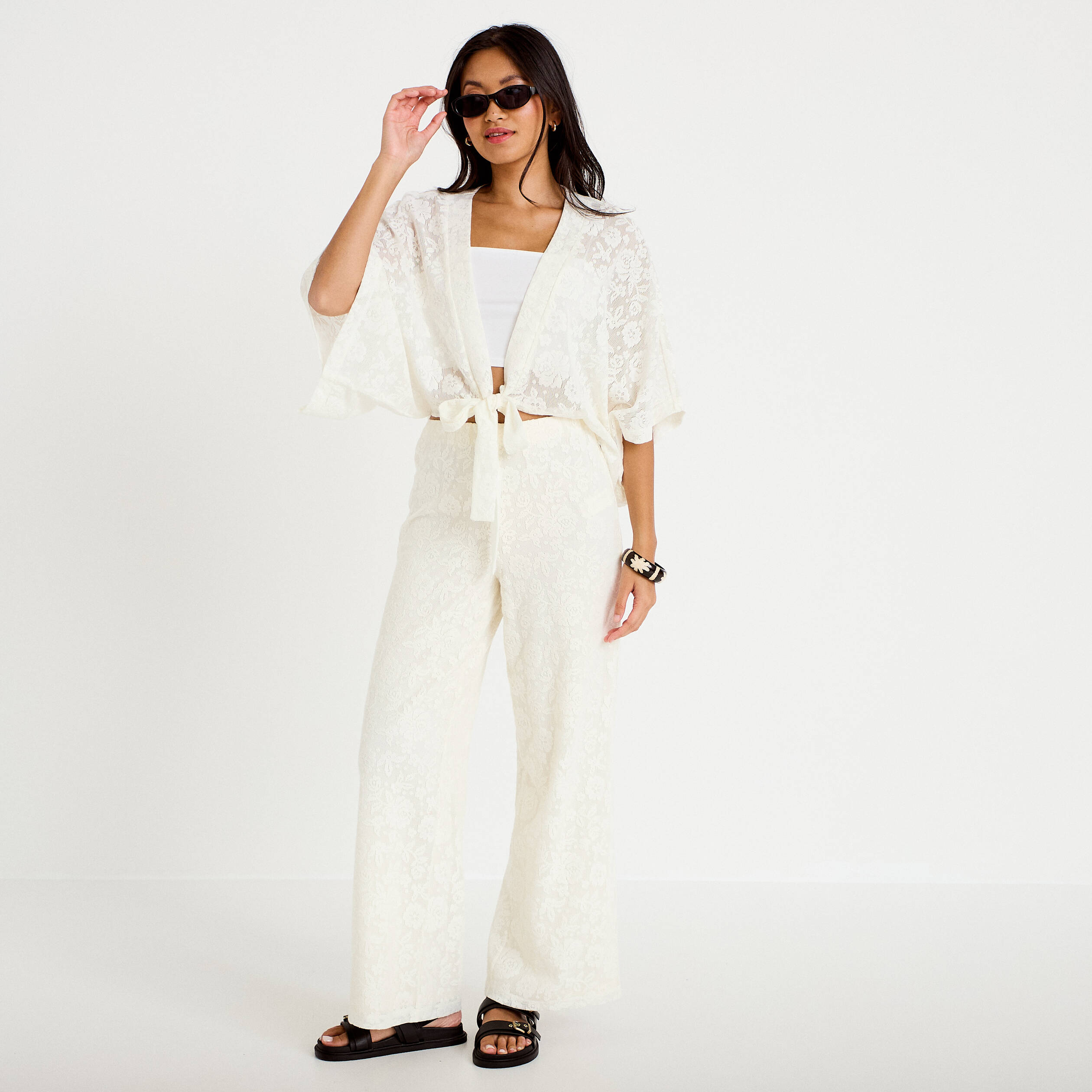 Kimono oversize ajour&eacute; ecru femme