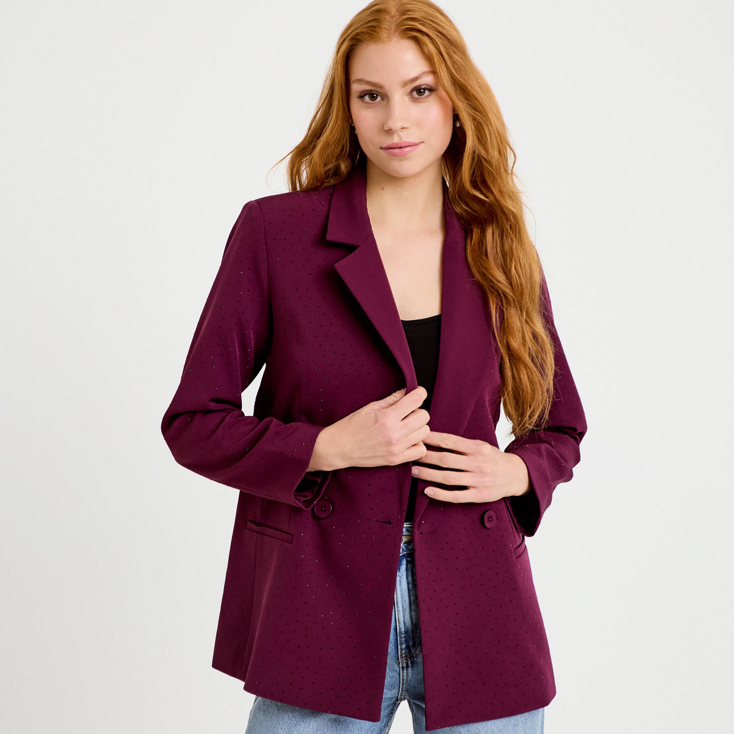 Blazer oversize brillant manches longues prune femme