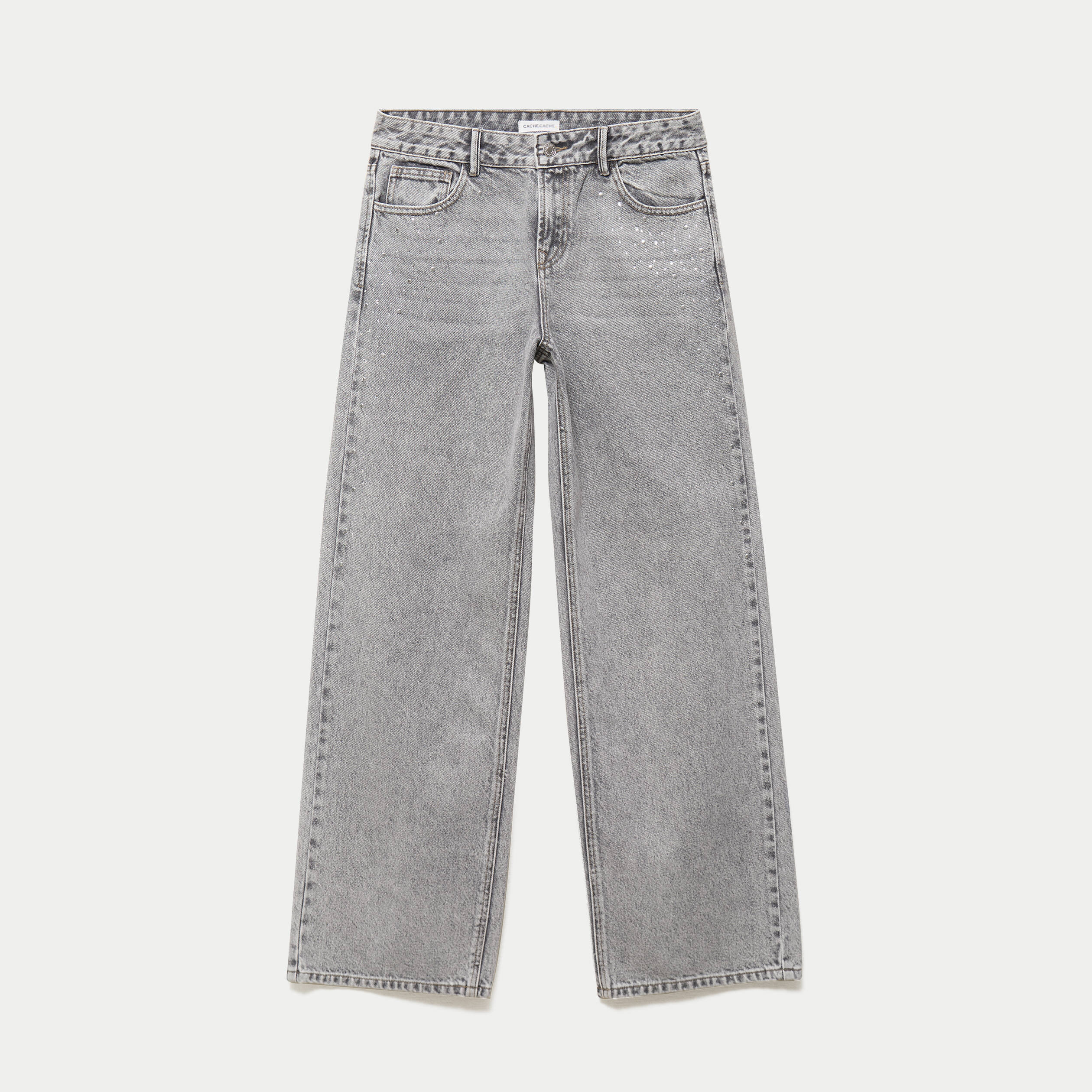 Jean wide leg taille basse strass denim gris femme