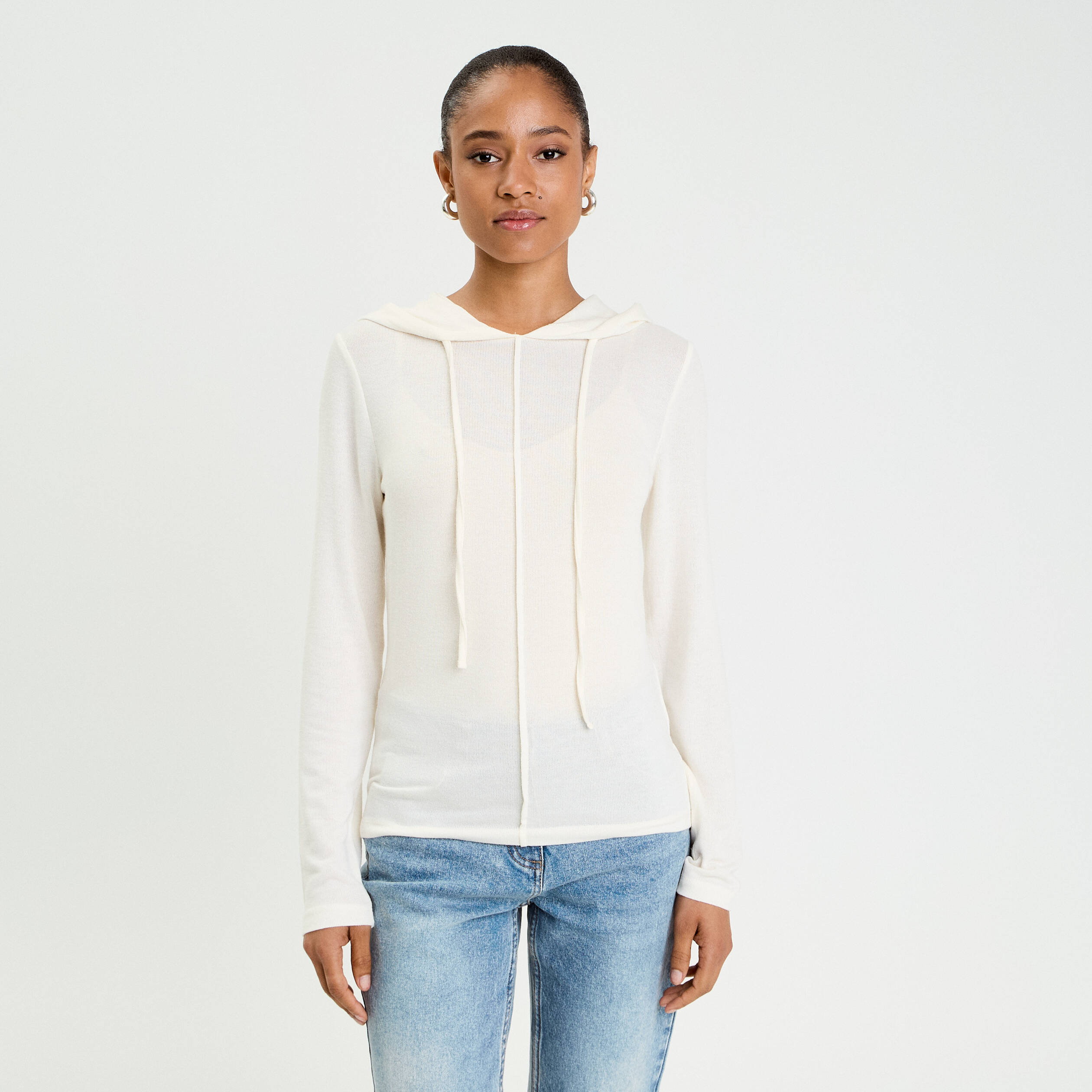 Pull &agrave; capuche ecru femme