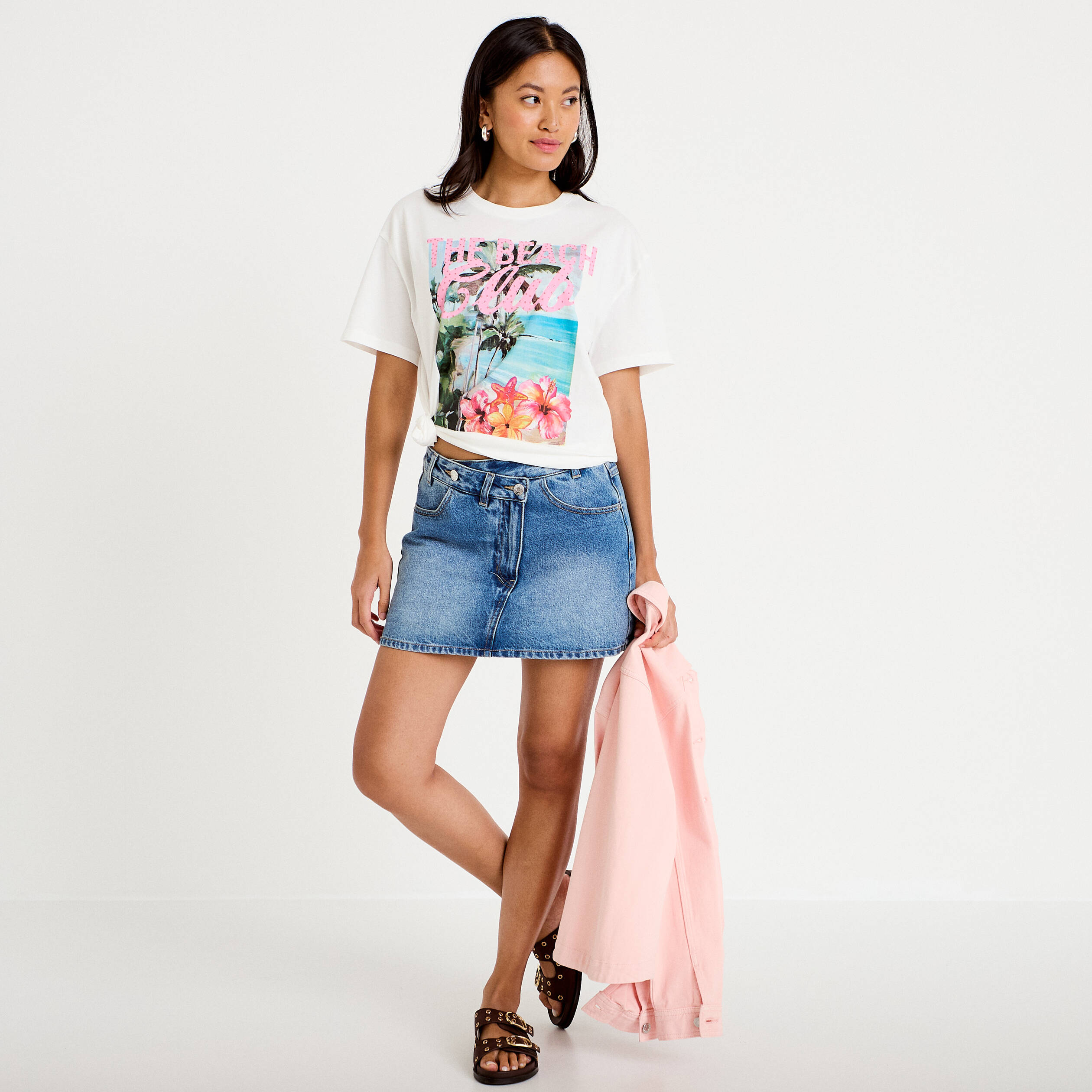 T-shirt col rond manches courtes ecru femme