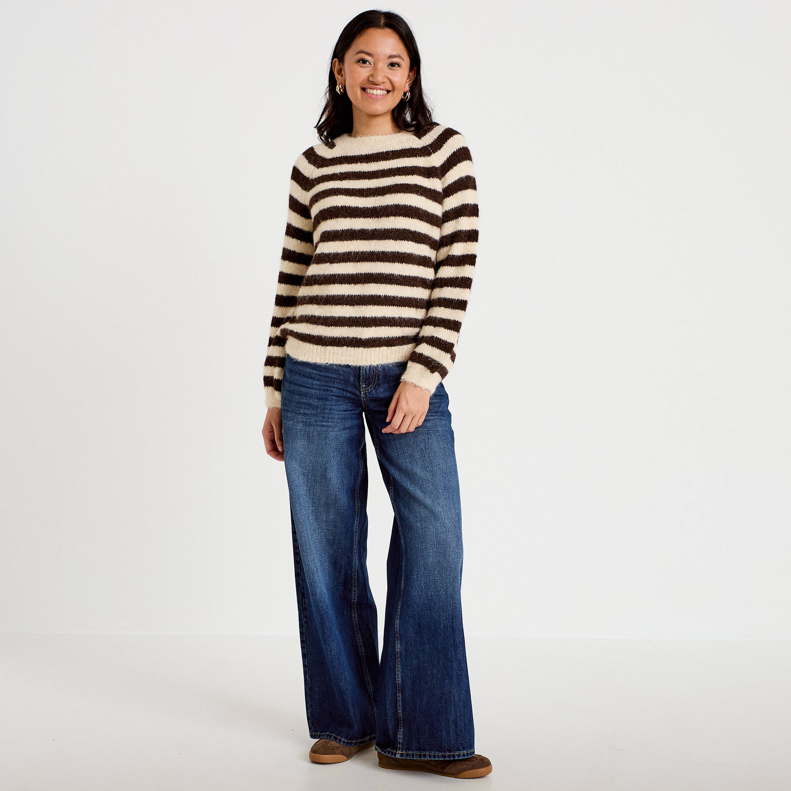 Pull ample col rond manches longues ivoire femme