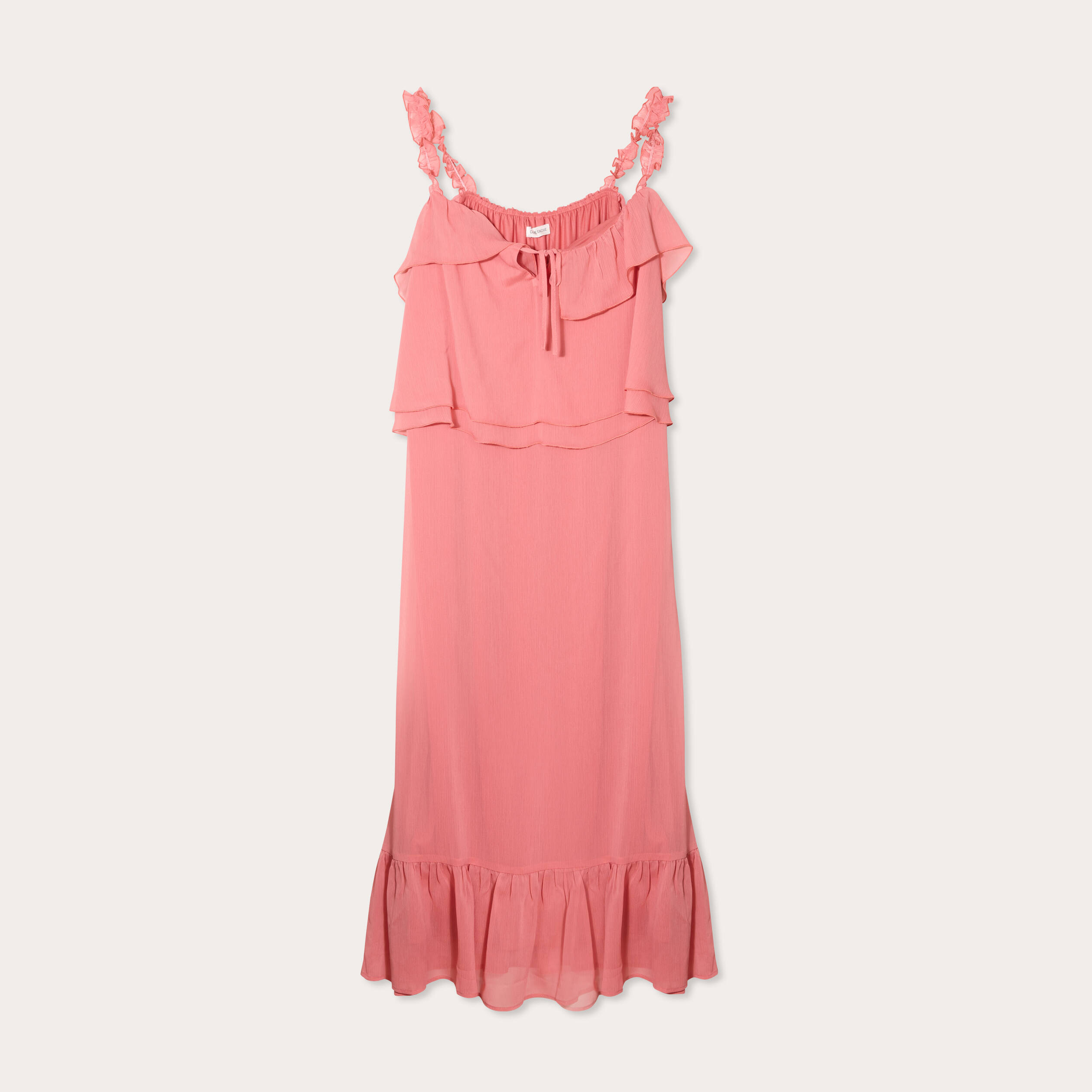 Robe longue droite volants rose pastel femme