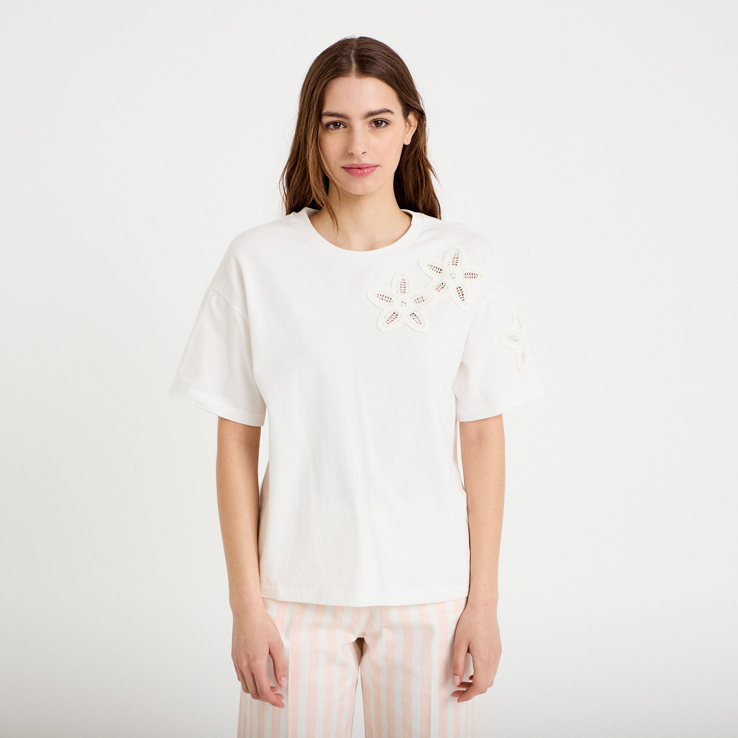 T-shirt col rond manches courtes ecru femme
