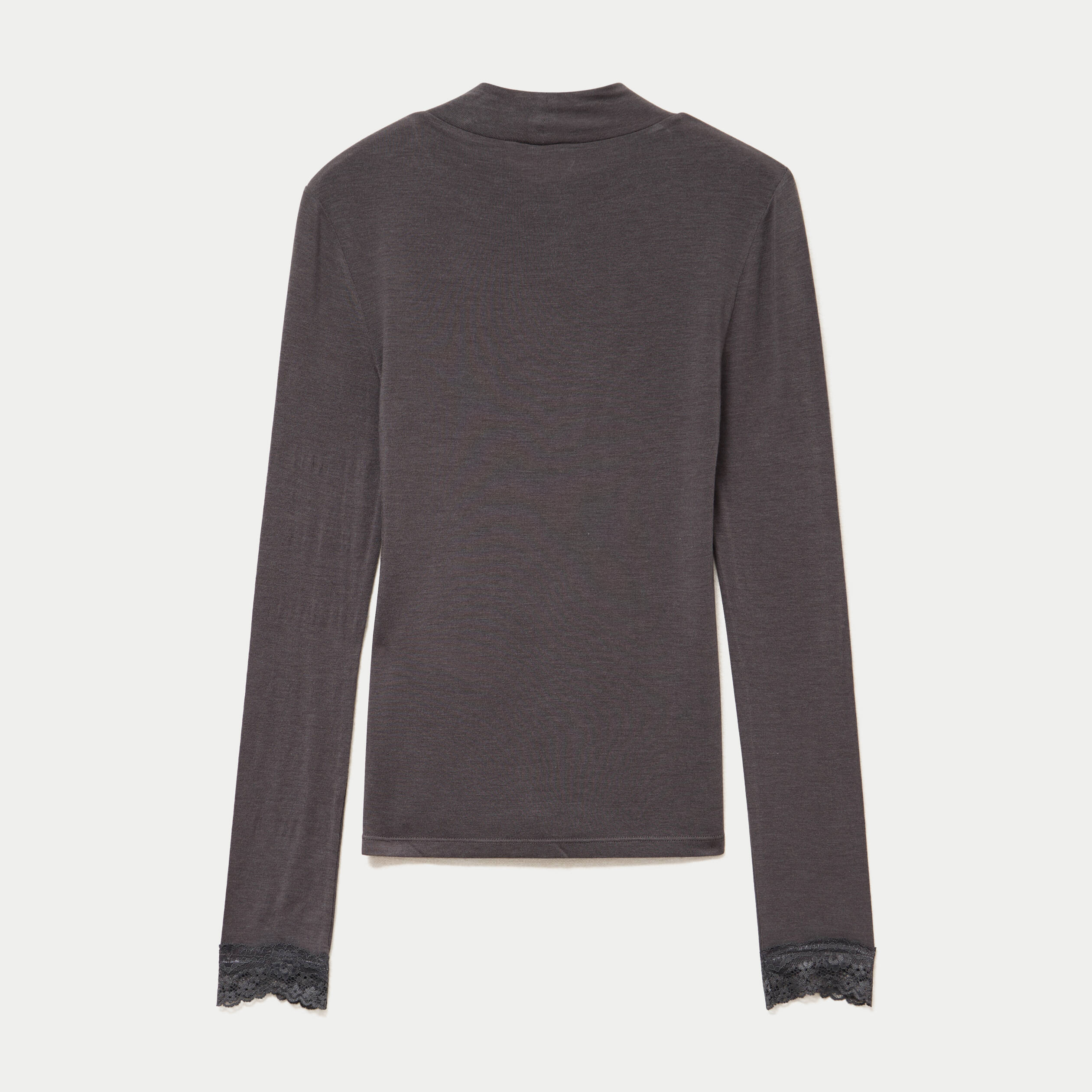 T-shirt ajust&eacute; col roul&eacute; dentelle gris fonc&eacute; femme
