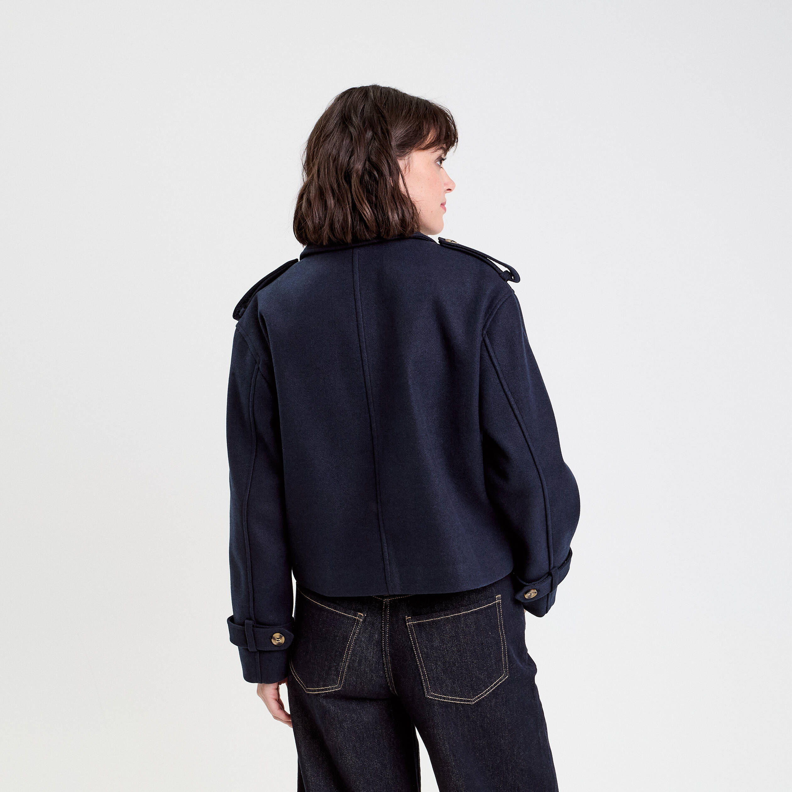 Trench droit court col tailleur bleu marine femme