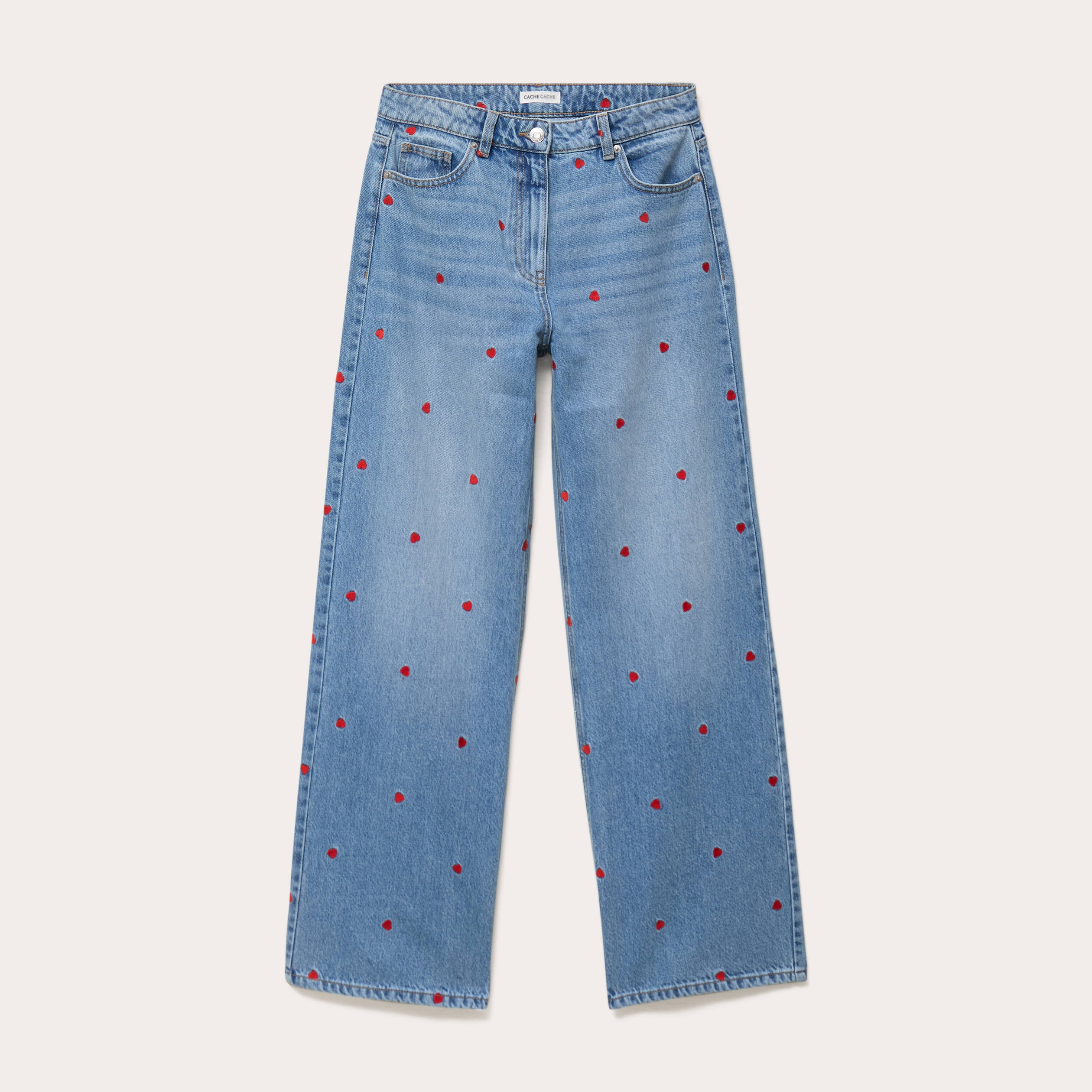 Jean wide leg taille haute brod&eacute; denim double stone femme